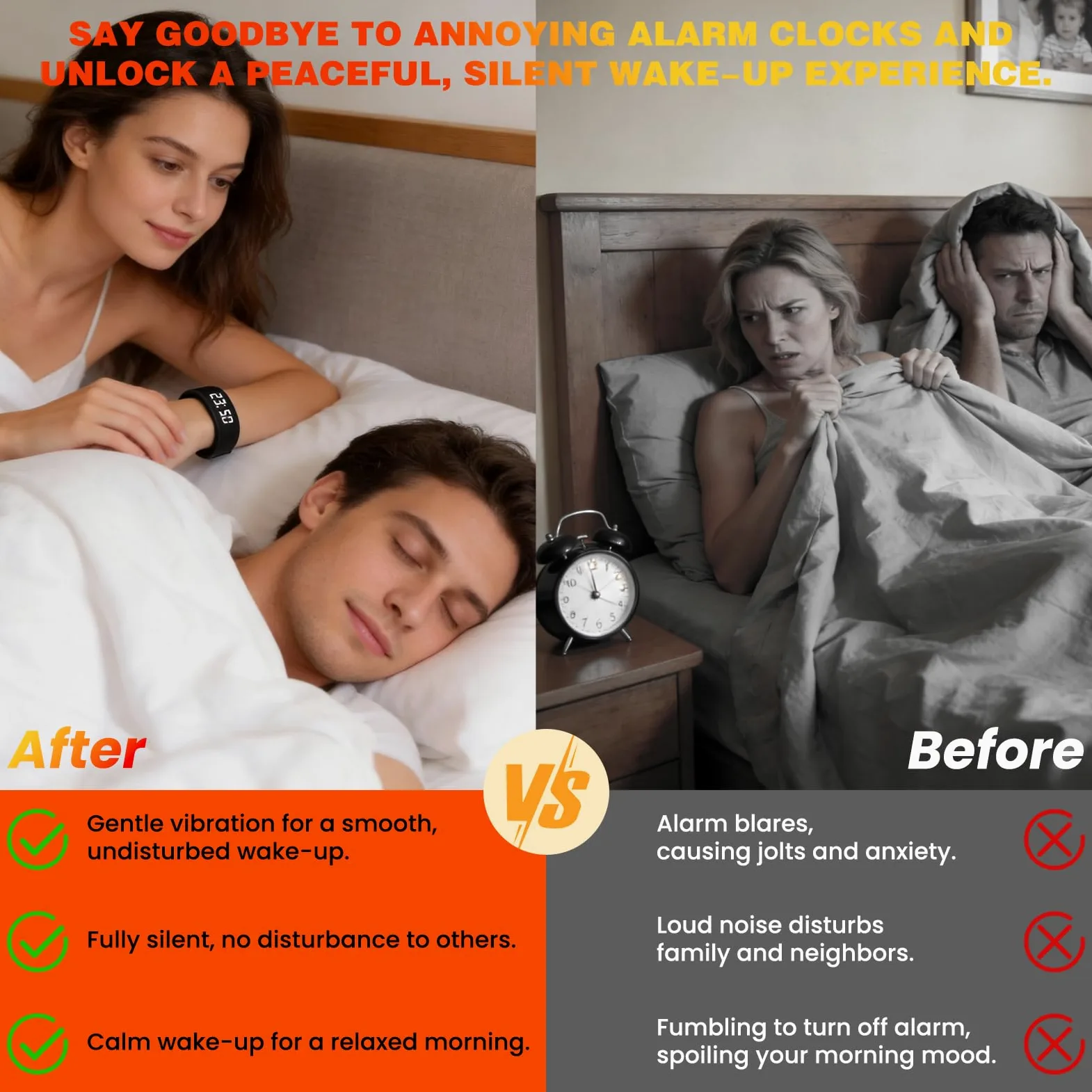 Reloj despertador eficaz para personas que duermen profundamente, reloj extremadamente vibrante, para personas sordas, vibración, vibración, sueño pesado, pulsera silenciosa que no despertará a tu