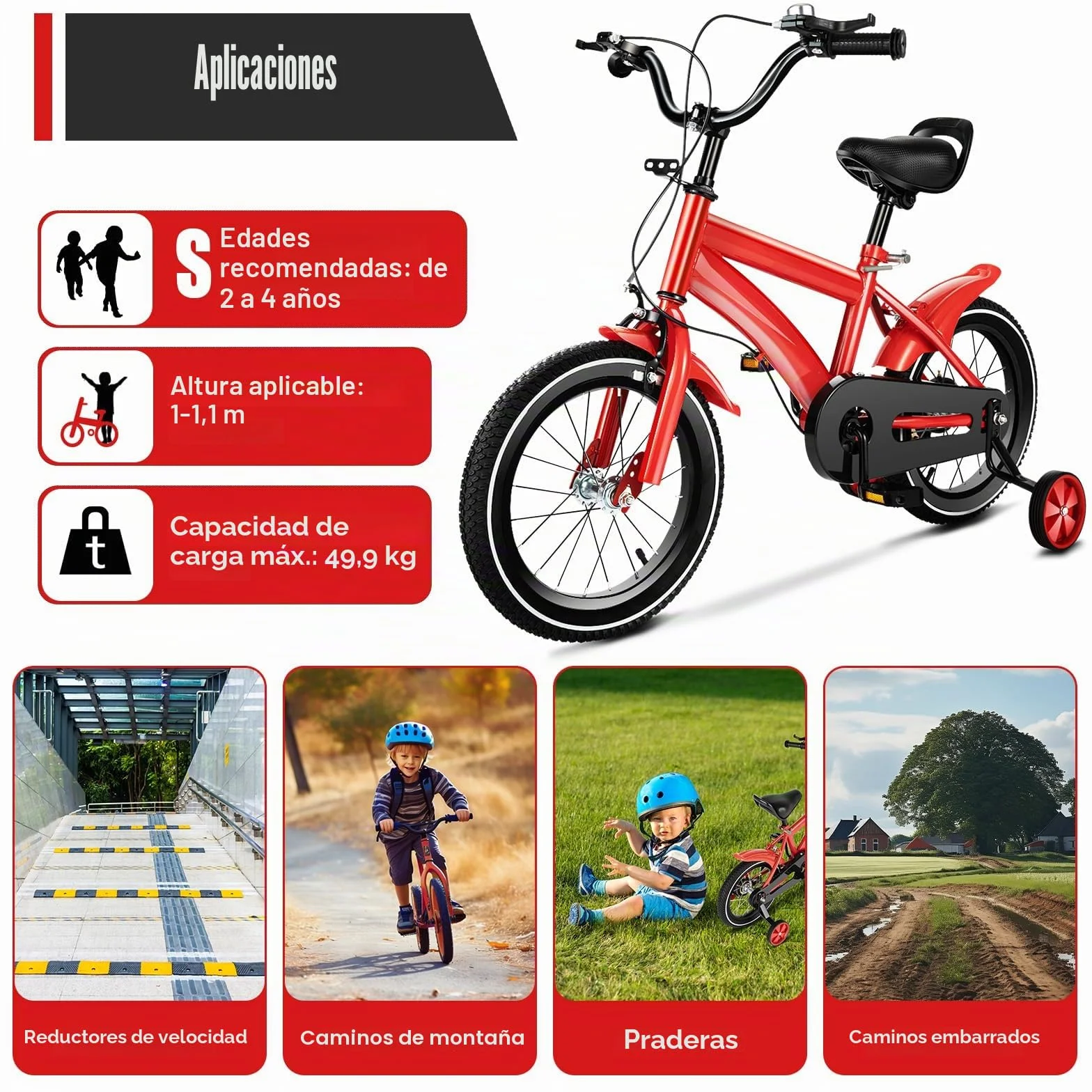 Bicicleta infantil 14 pulgadas ruedas estabilizadoras roja para niños niñas 3-8 años
