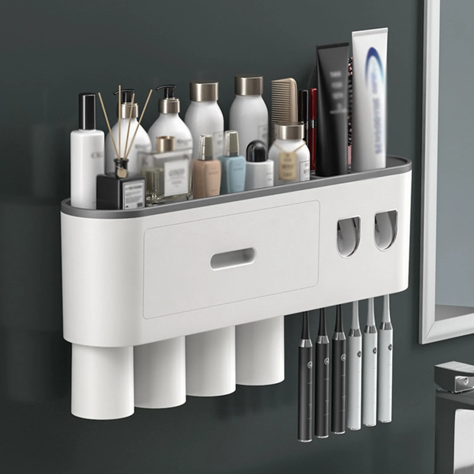 Soporte para Cepillo De Dientes De BañO con Dispensador AutomáTico Doble De Pasta De Dientes, Soporte para Cepillo De Dientes Montado En La Pared para 2/3/4/5 Tazas, 6 Ranuras para Cepillos,4cups