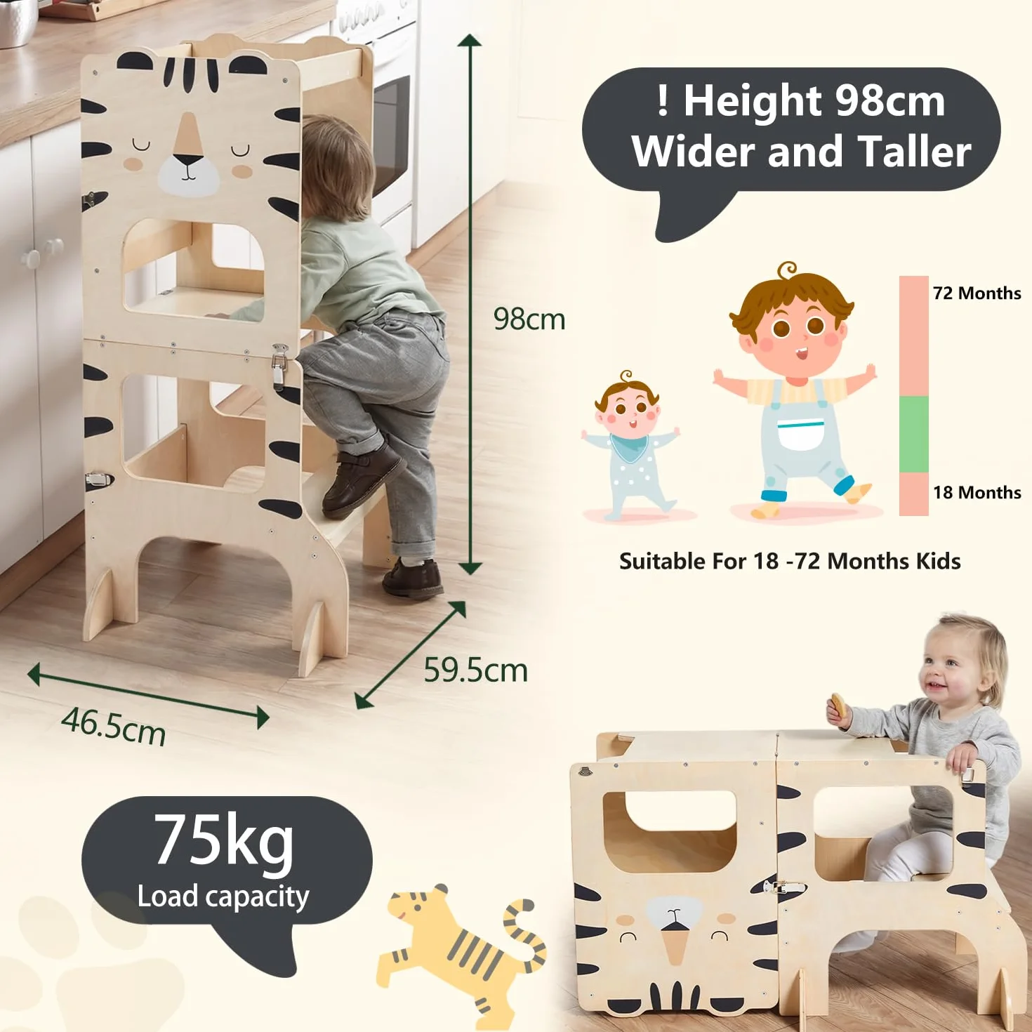 Labebe Torre de Aprendizaje Plegable 2 en 1 para niños con Tablas de Mensajes a Partir de 1 año Tigre