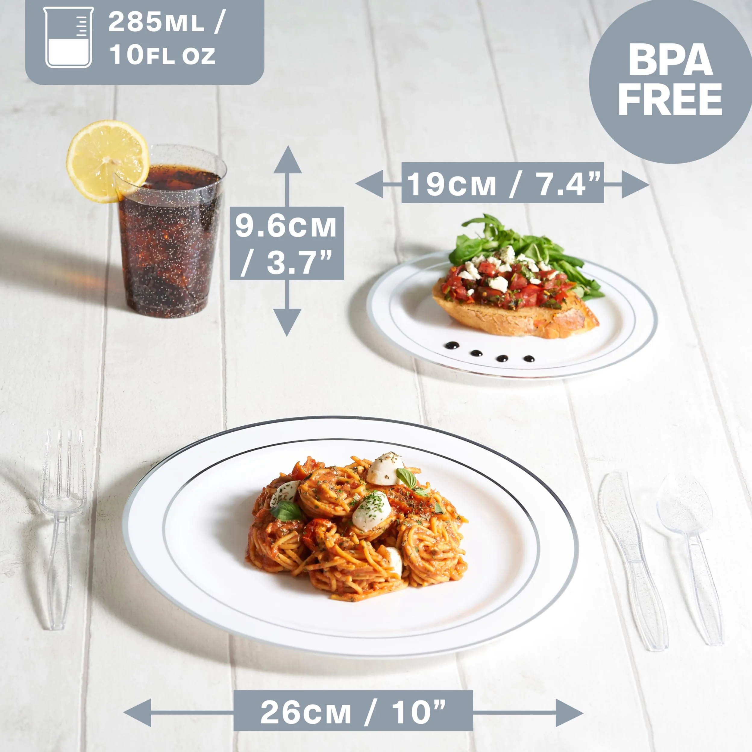 MATANA 150 Piezas Vajilla Reutilizable de Plástico Blanco y Plateado para 25 Personas - Platos Grandes, Platos de Postre, Vasos y Cubiertos Reutilizables - Bodas, Cumpleaños, Navidad y Fiestas
