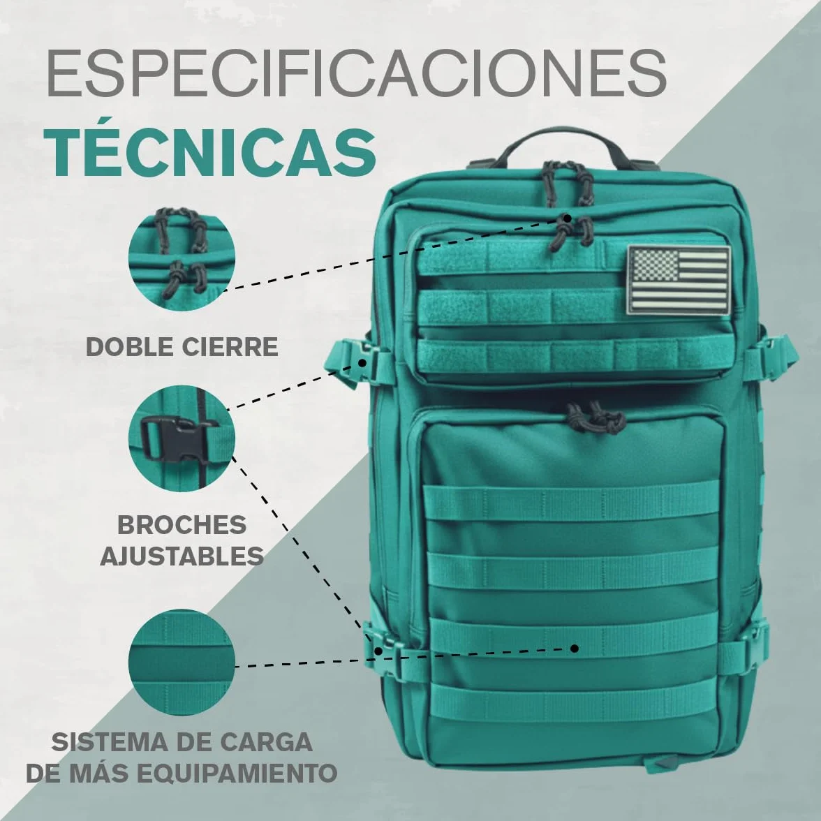 Mochila Crossfit Hombre 45L Táctica Militar Impermeable MOLLE MINT BLUE