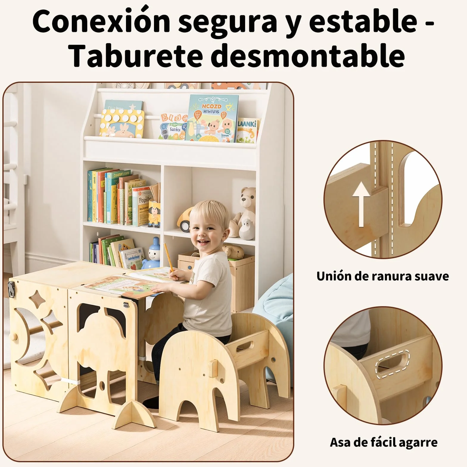 COSYLAND Torre de Aprendizaje Infantil 4 en 1 con Barandilla de Seguridad, Plegable, Doble Pizarra, Natural