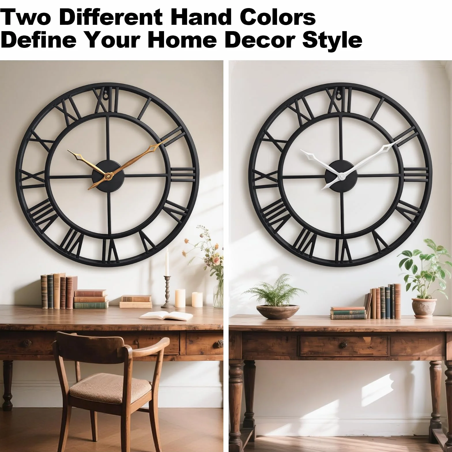Reloj de pared grande, redondo, silencioso, industrial, vintage, de metal negro, estilo rústico, con grandes números romanos