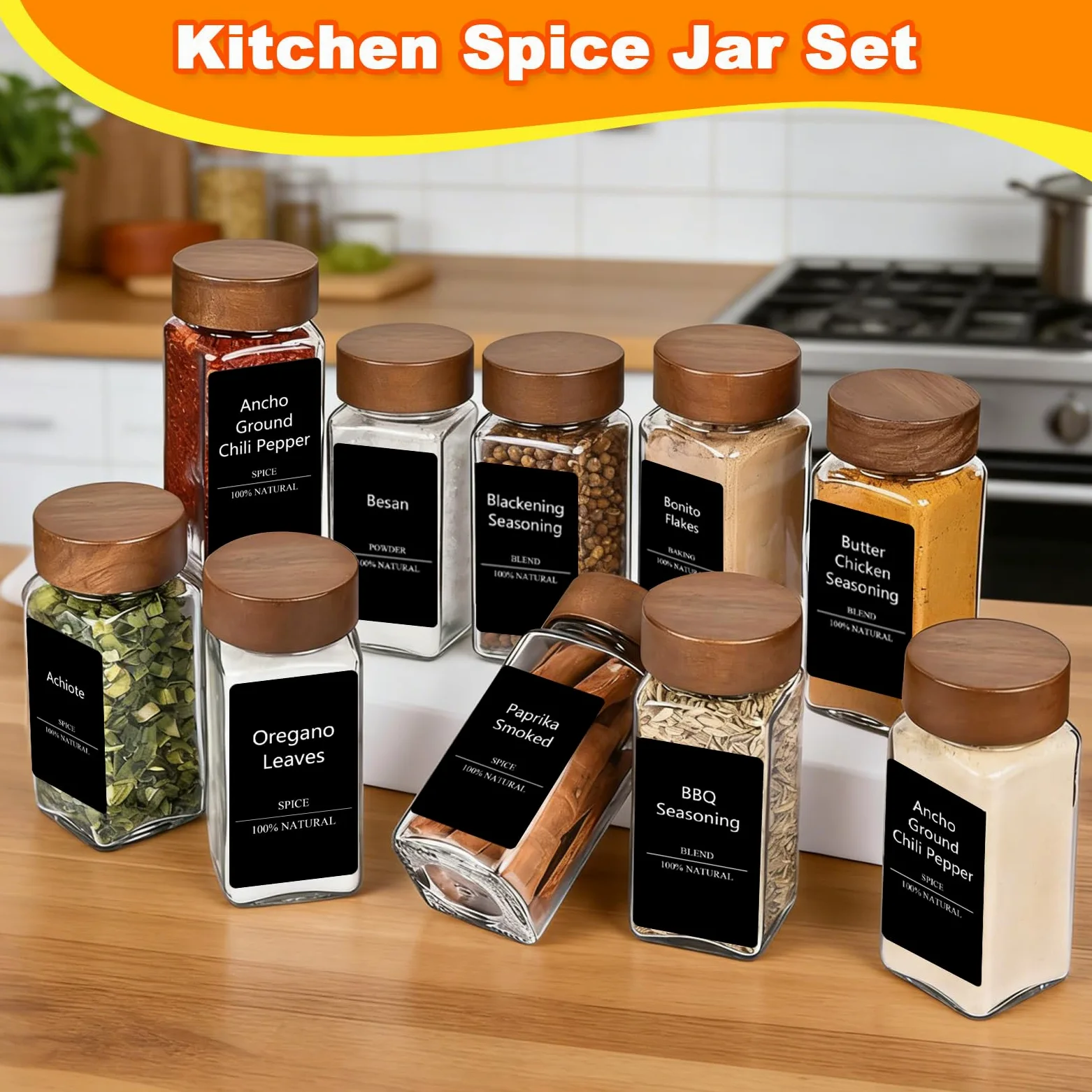 24 x Botes Especias Cristal 120ml con Tapa de Madera, Etiquetas, Embudo y Bolígrafo, Frascos Especiarias Cuadrados,Tarros de Vidrio Herméticos,Botellas de Condimentos para Cajones y Armarios de Cocina