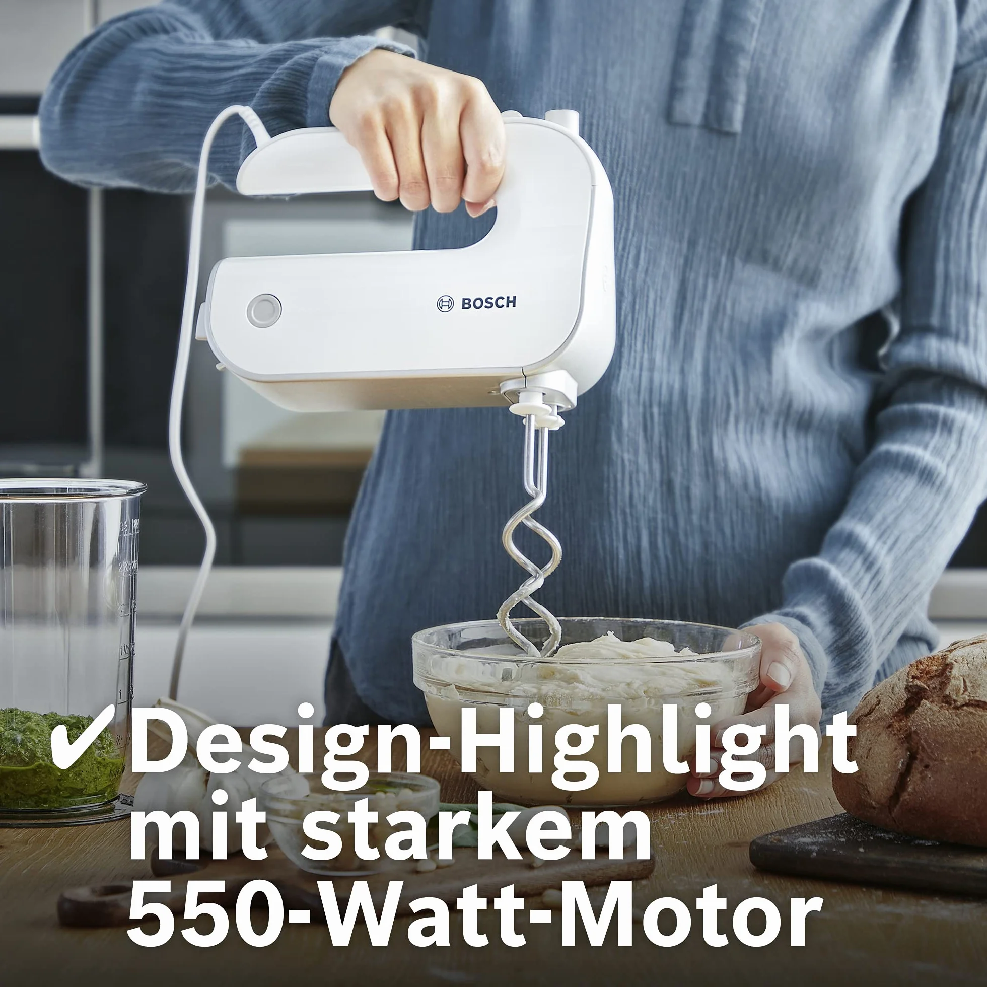 Bosch MFQ4075DE - Batidora (Batidora de mano, Plata, Blanco, Batir, Mezcla, 1,4 m, De plástico, 550 W)