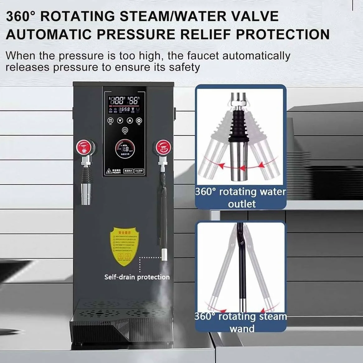 Espumador de leche comercial, hervidor de vapor de alta potencia de 2500 W con pantalla LED de temperatura, tanque interior de acero inoxidable, boquilla de liberación de presión profesional para