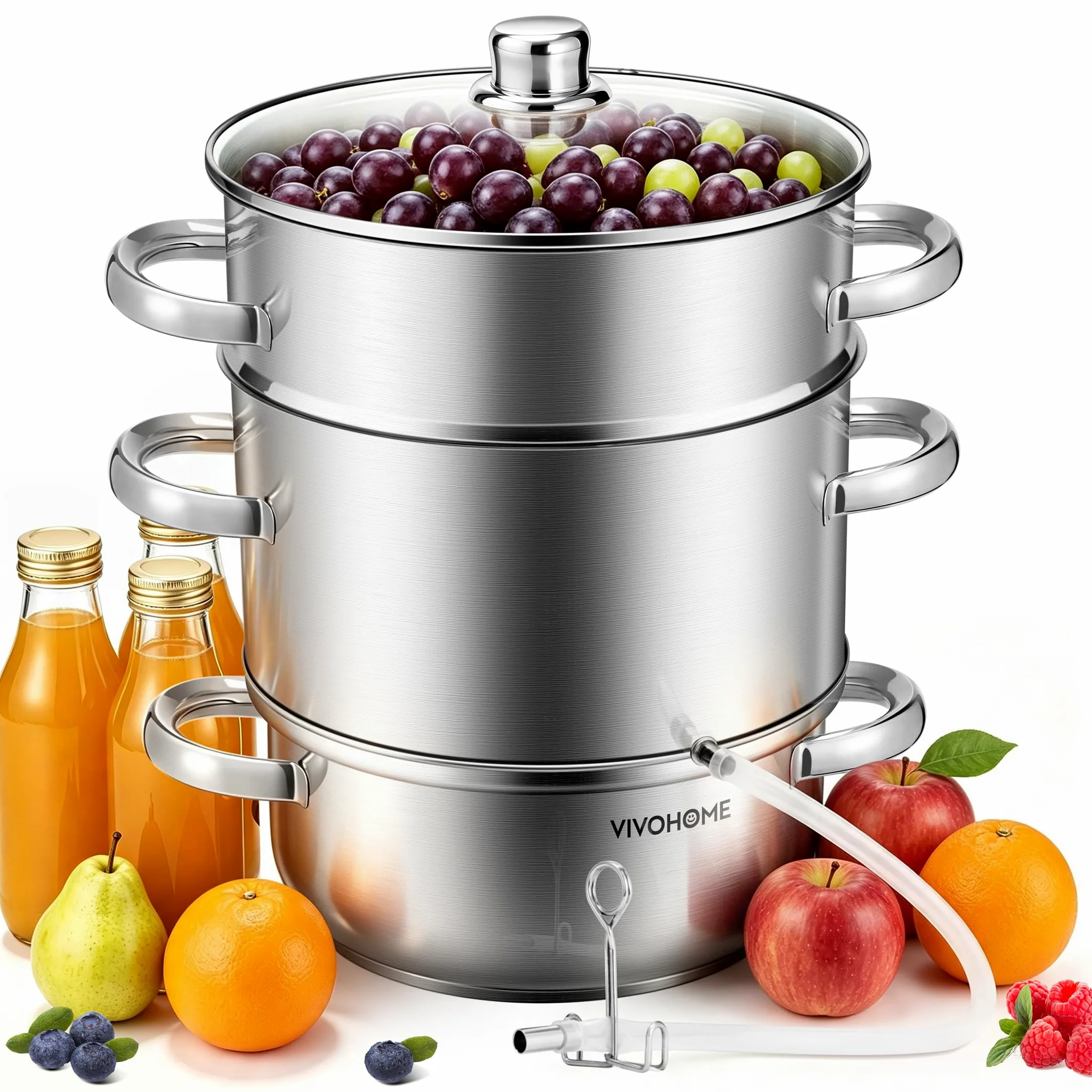 VIVOHOME Exprimidor de Vapor con Tapa de Vidrio 8L Extractor de Frutas | Ø 26cm, Acero Inoxidable, Verduras Casero con Tubo, Apto para Lavavajillas, para Todas las Cocinas, incluida Inducción