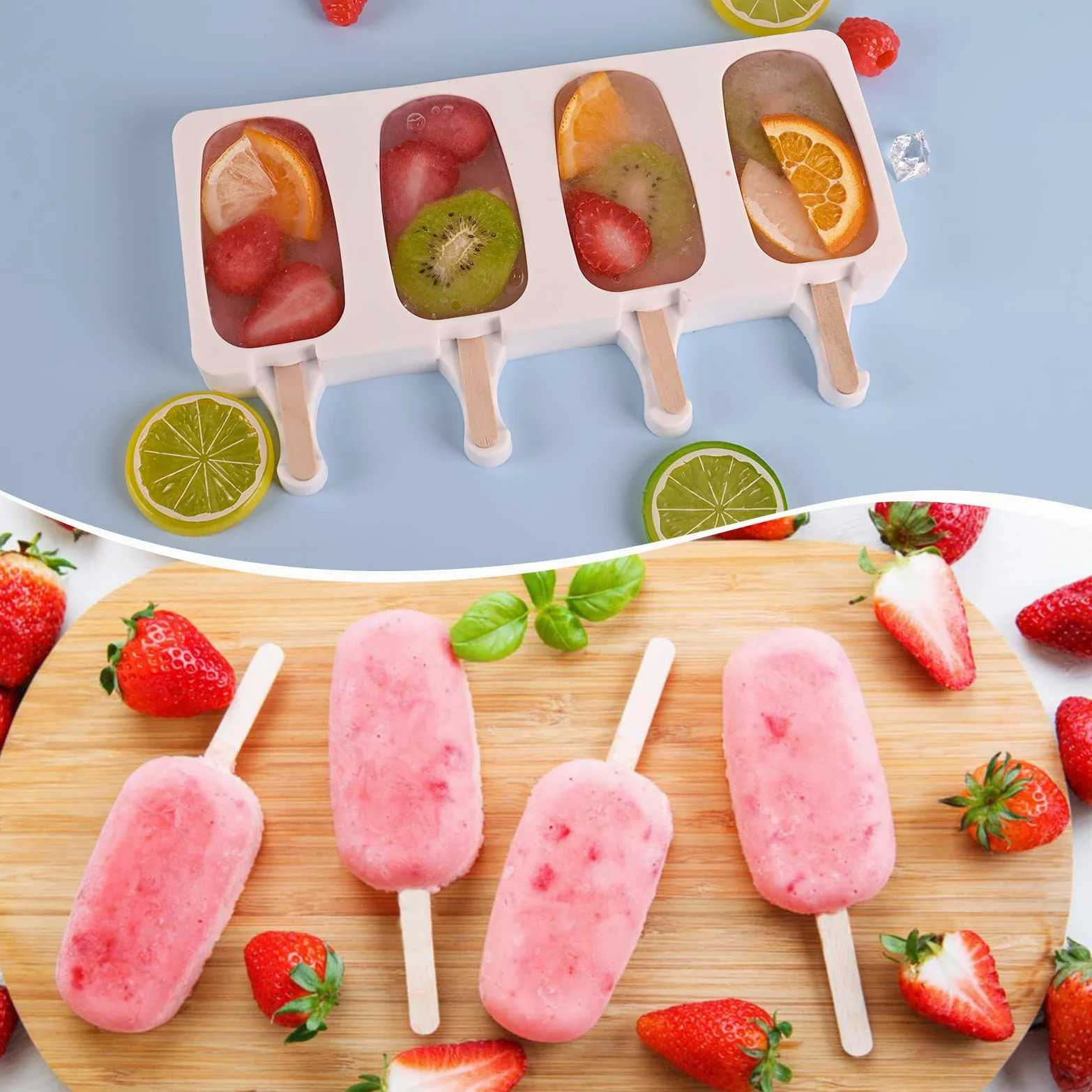 Sakolla Paquete de 3 moldes para paletas de 4 cavidades, moldes de silicona ovalados para hornear chocolate con 100 palos de madera | Silicona de grado alimenticio, fácil de usar, moldes ovalados para paletas de hielo, pasteles, pasteles, helados
