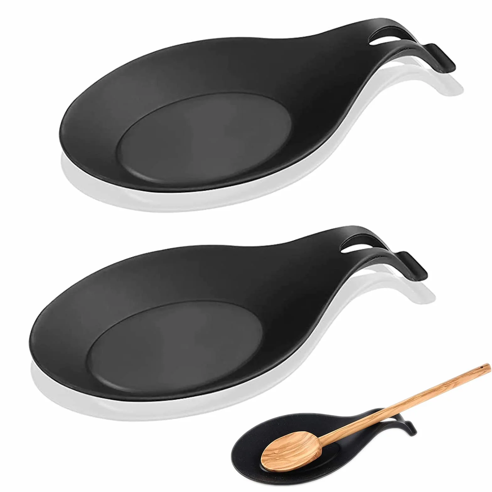 2 Piezas Kitchen Silicone Big Spoon Rest, Reposa Cucharas Silicona de Grado Alimenticio, Soporte De Cuchara Negro, para Cocina Hogar Comedor Utensilios de Almacenamiento de Cocina - Negro