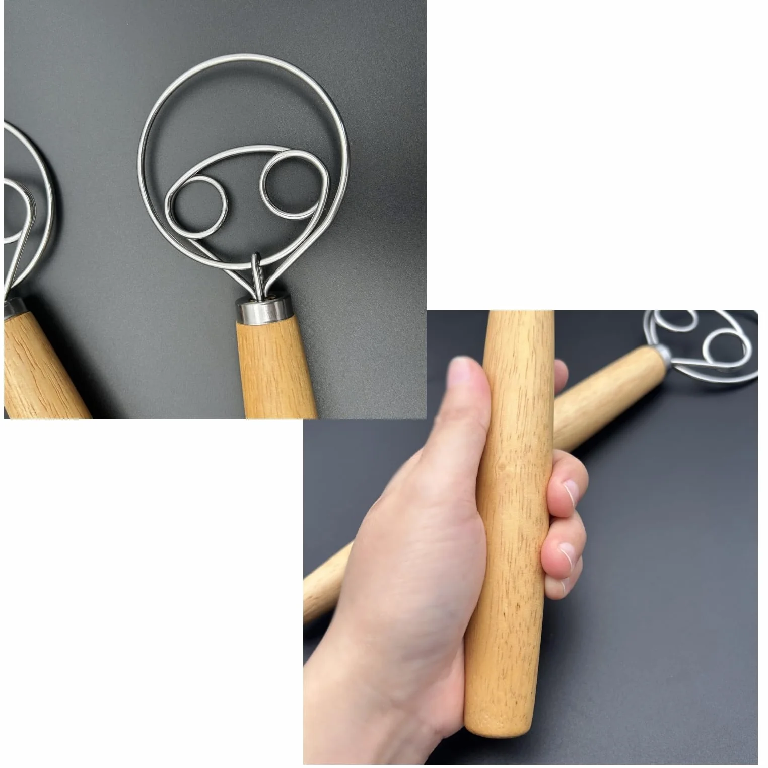 JZK Batidor de Masa Danés de 33 cm y 25.5 cm, 2 piezas con mango largo de madera, batidor para pan, galletas y pasteles, herramienta manual para amasar y hornear