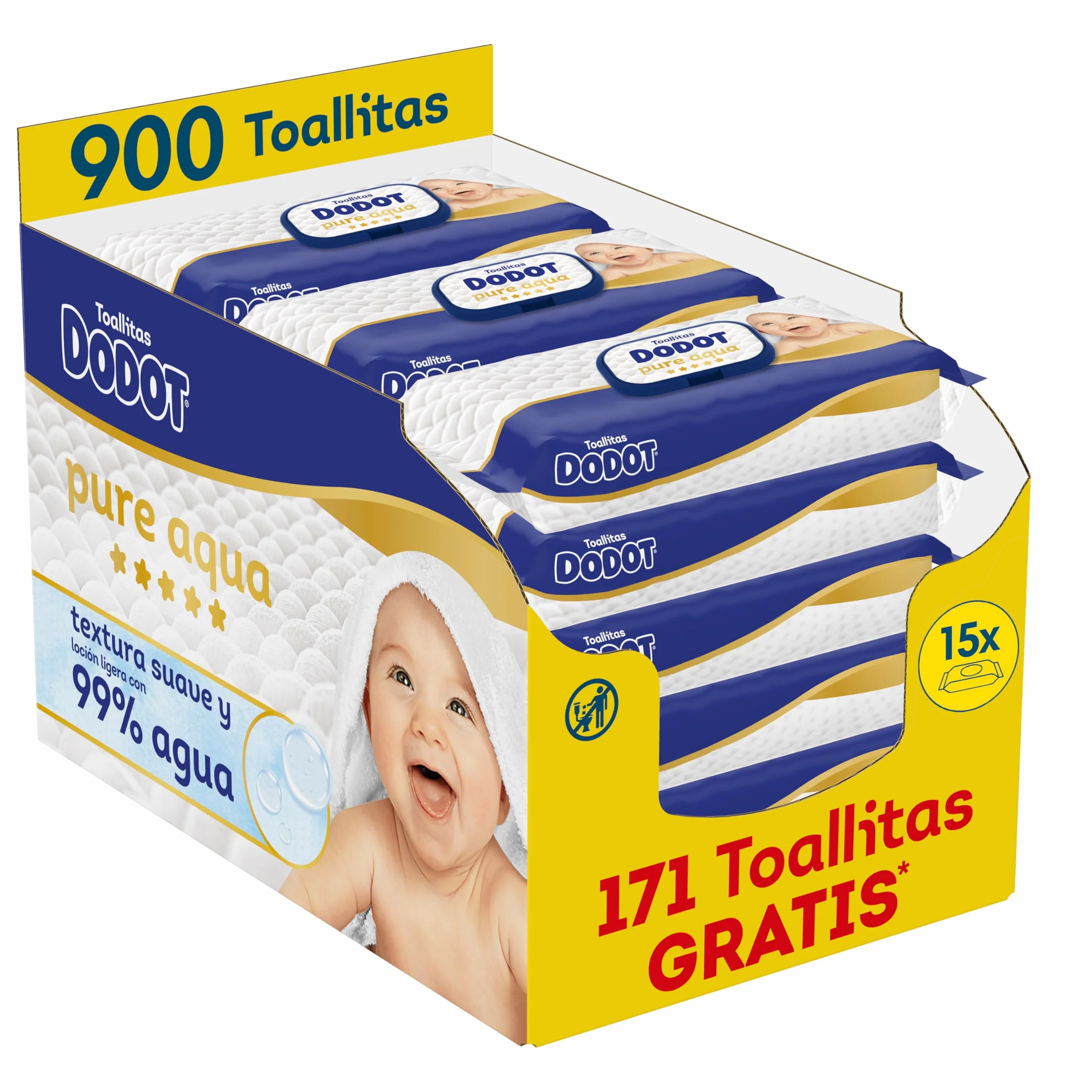 Dodot Pure Aqua Toallitas para bebé 900 sztuk 15 pakietów 99% woda