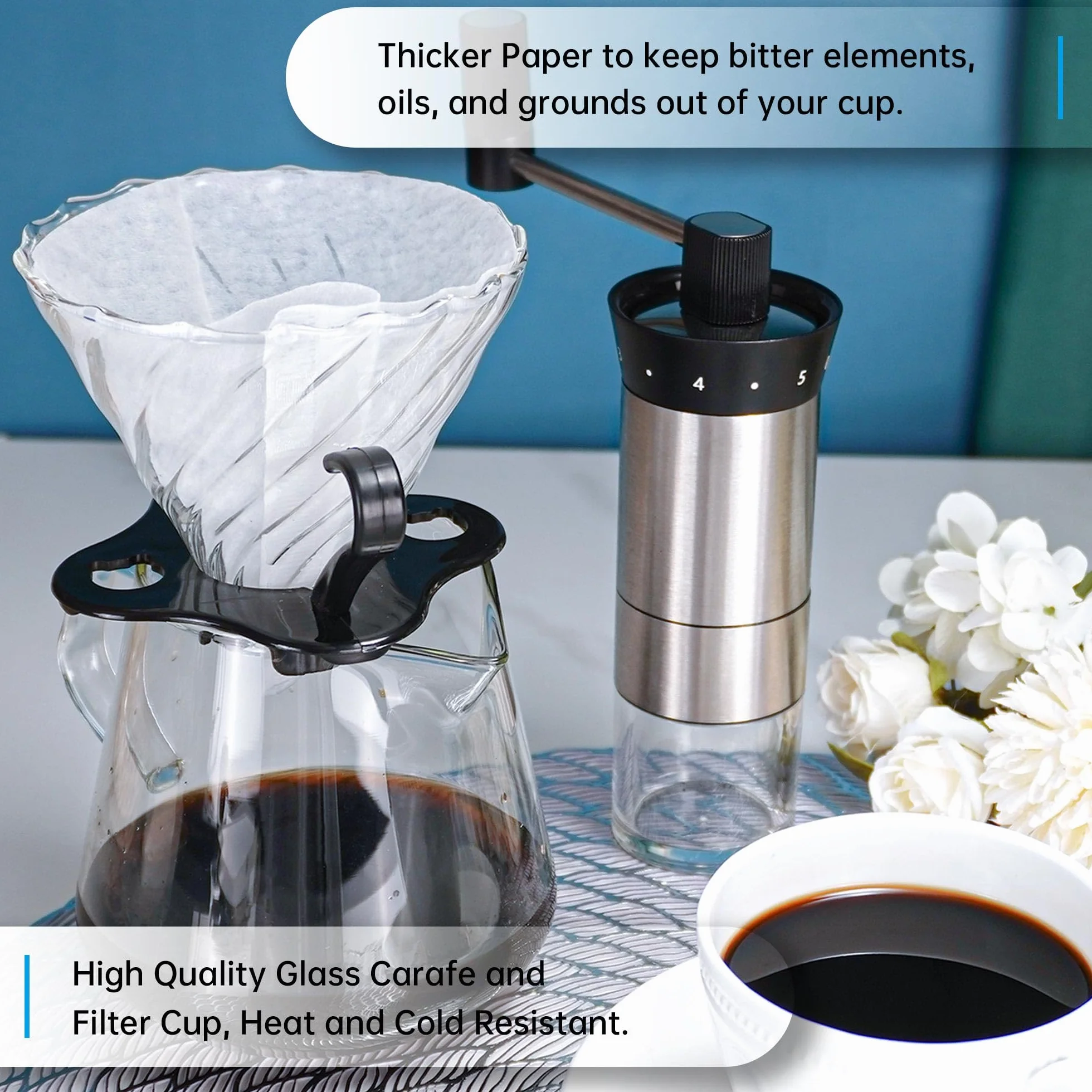 SuperCook Juego de café de goteo manual todo en uno, incluye hervidor de cuello de cisne, gotero de vidrio V60, filtro de papel, tazas de café, molinillo manual, escala de café, ideal para regalo de