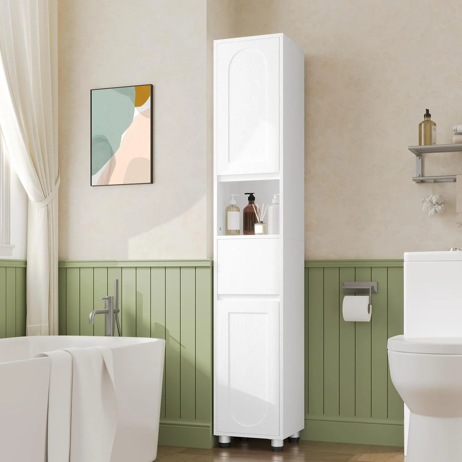 HOOBRO Armario de Baño de 30 x 30 x 170 cm, Puertas y Estantes Interiores Ajustables, 1 Compartimento Abierto y 1 Cajón, para Espacios Reducidos, Baño, Pasillo y Cocina, Acabado en Blanco EWW22BC01