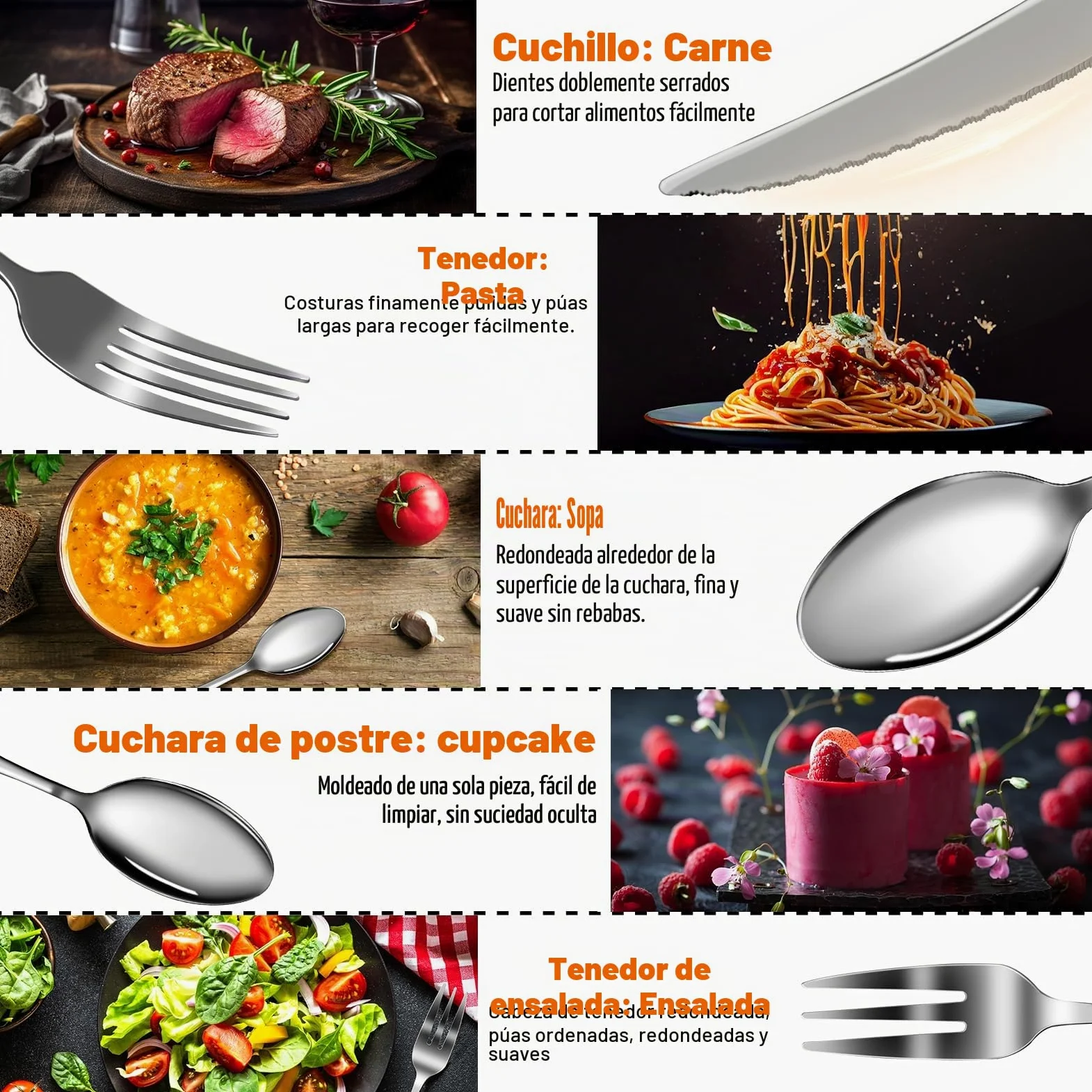 Cubiertos 40 piezas, Kit Cubiertos Individuales Acero Inoxidable para 8 personas, omprend cuchillos/tenedores/cucharas, lavable en lavavajillas, fácil de limpiar