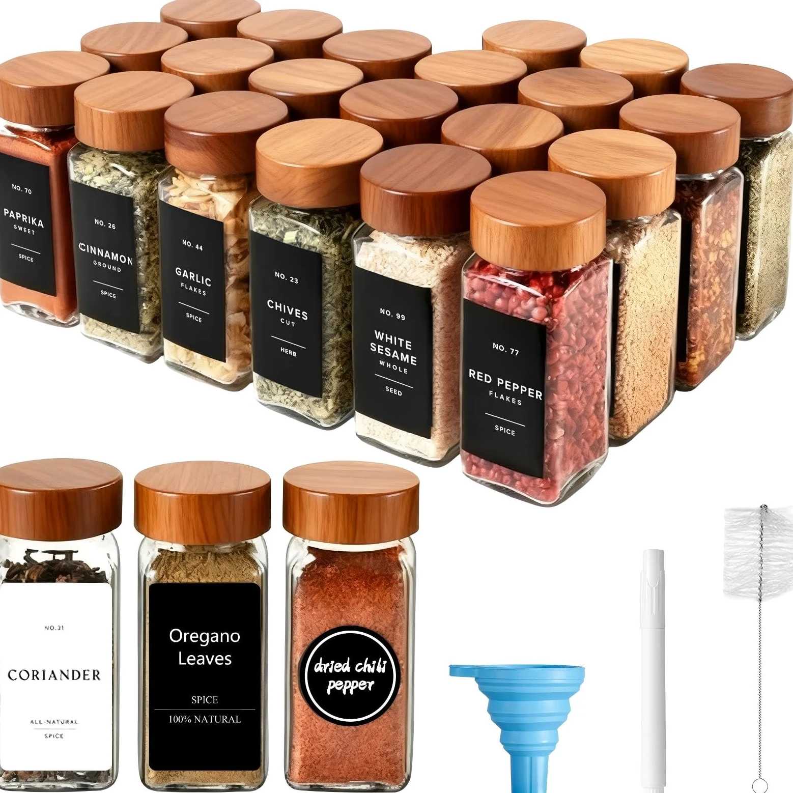 24 x Botes Especias Cristal 120ml con Tapa de Madera, Etiquetas, Embudo y Bolígrafo, Frascos Especiarias Cuadrados,Tarros de Vidrio Herméticos,Botellas de Condimentos para Cajones y Armarios de Cocina