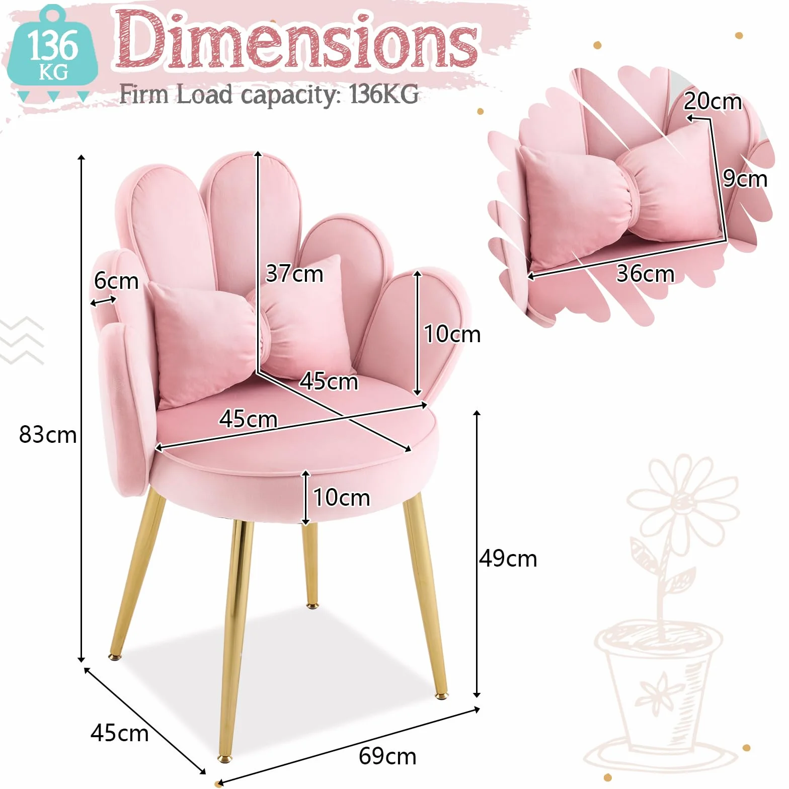 Bonnlo Silla de Maquillaje con Respaldo de Pétalos, Silla Tocador, Sillas de Comedor Elegantes, Patas Doradas Ajustables, Sillón Salón para Tocador, Dormitorio u Oficina en Casa (Terciopelo, Rosa)