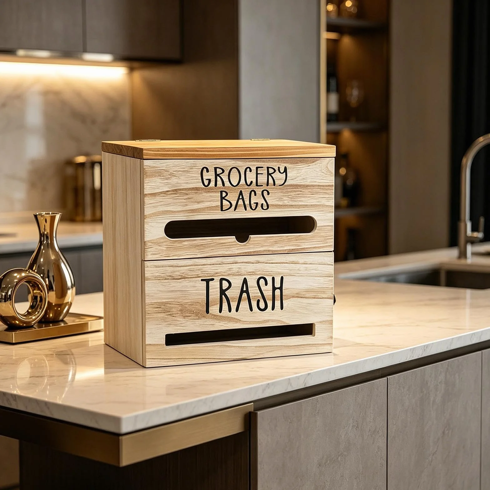 Milageto Dispensador de Bolsas de Basura de Pared, Organizador de Almacenamiento de Madera para Bolsas de supermercado, Ideal para Cocina, Oficina, encimera, Marrón Claro