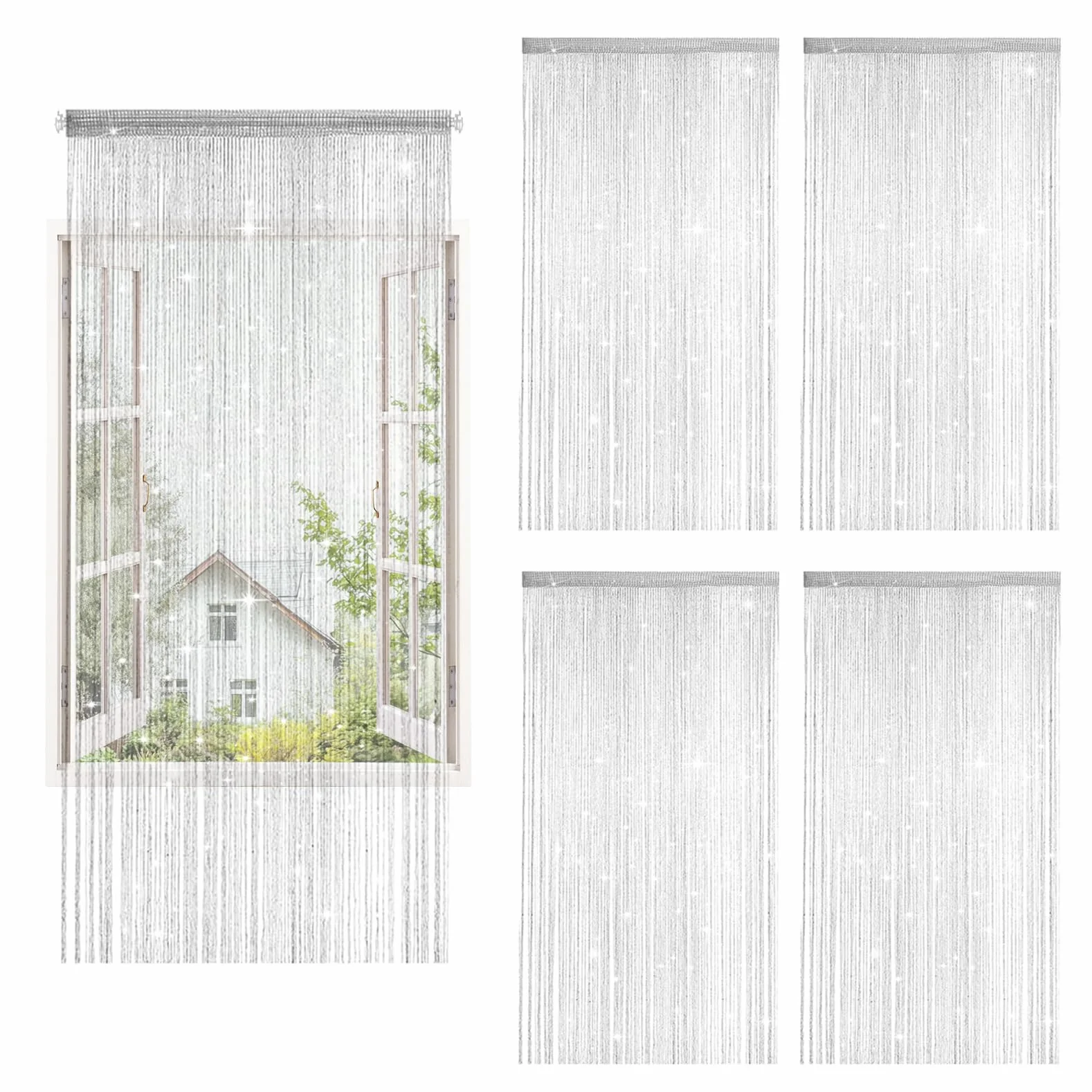 Juego de 4 cortinas de hilos con purpurina, 100 x 200 cm, para puertas y separadores de habitaciones, para bodas, cafetería y balcón, protección contra insectos y decoración en uno (blanco)