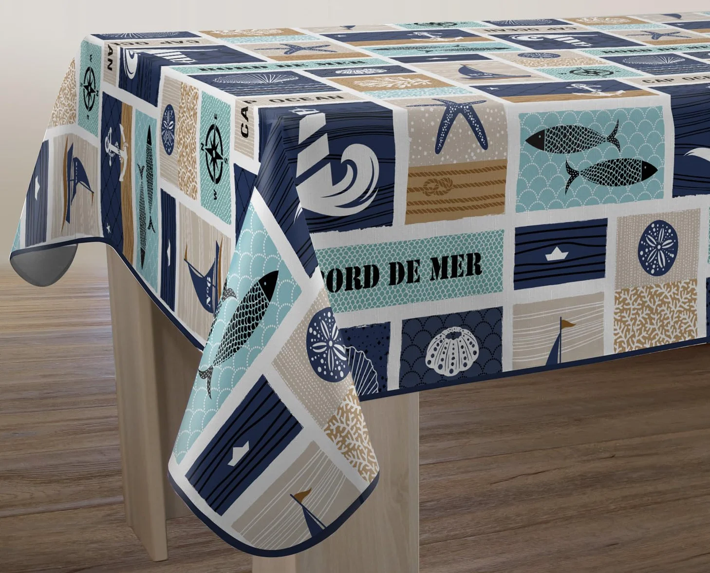 Mantel Antimanchas con Borde de mar, rectángulo, 150 x 240 cm, Azul, Beige