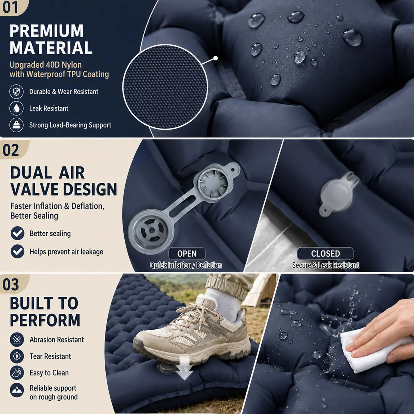 Esterilla Camping Autohinchable Individual con Almohada y Bomba de Pie Ultraligero Plegable Azul Marino