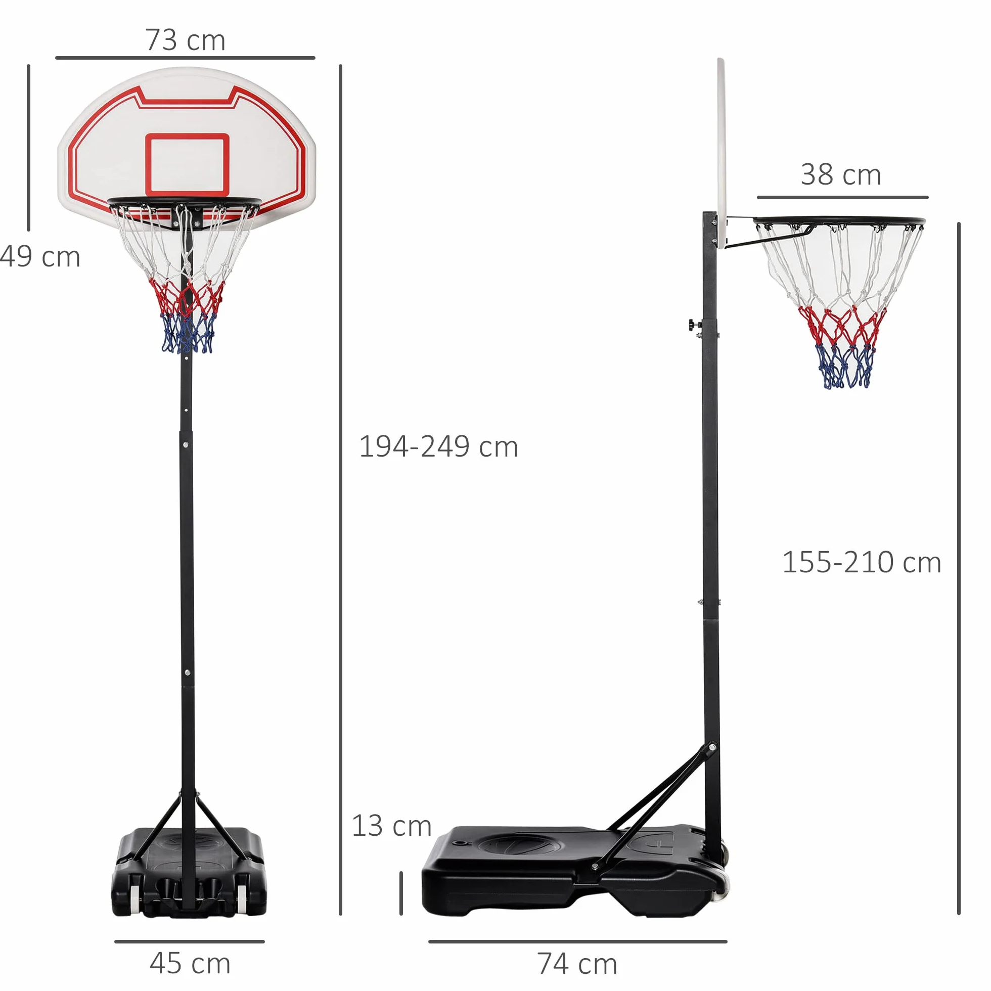 HOMCOM Canasta de Baloncesto de Pie Ajustable 194-249 cm Base Rellenable Agua 30 kg Arena 35 kg Ruedas Transporte Multicolor