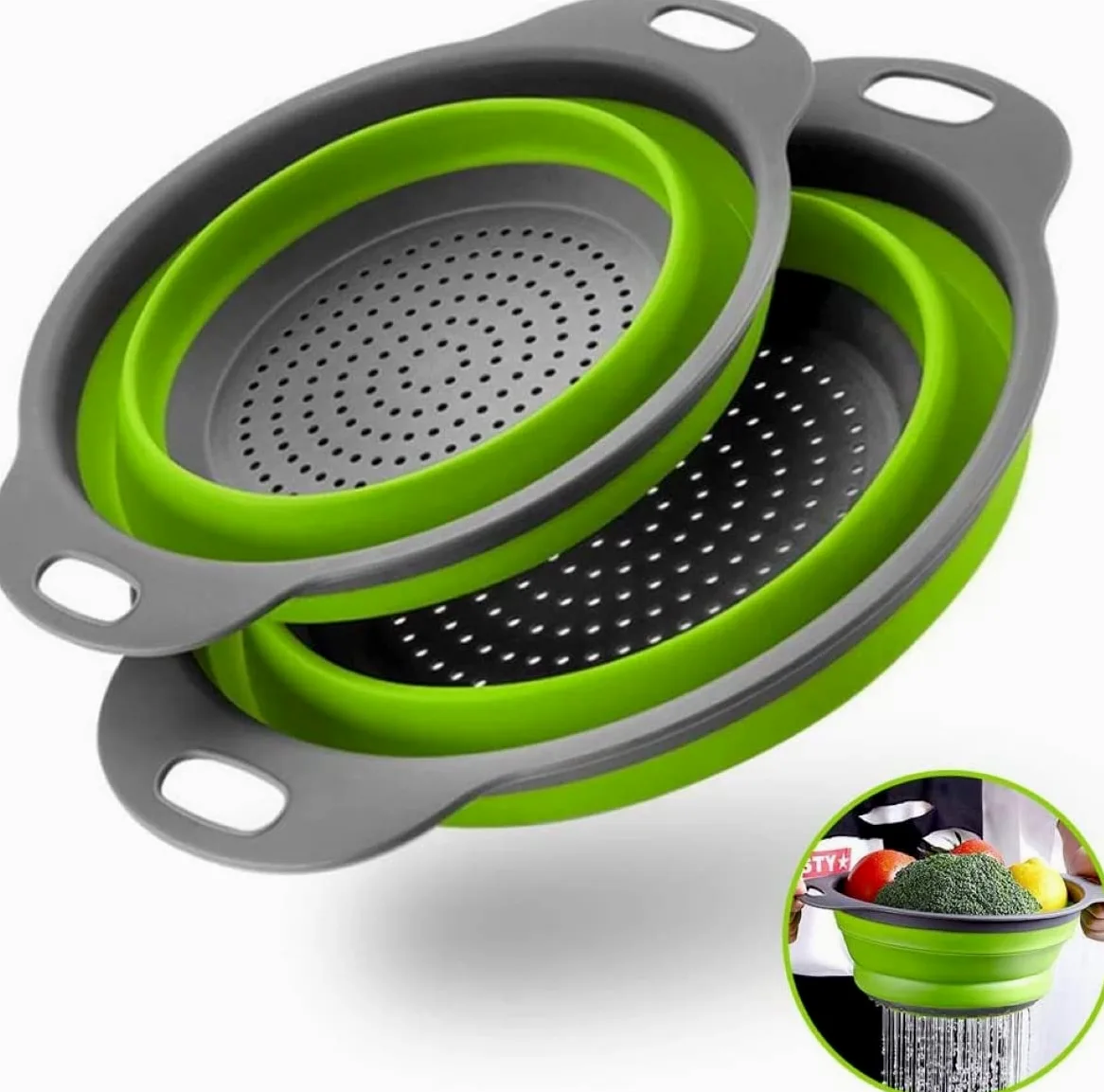 Juego de 2 coladores plegables redondos de silicona para fregadero de cocina y cesta de frutas, 1 grande y 1 pequeño, perfecto para escurrir pasta, verduras y frutas, artículos esenciales para el