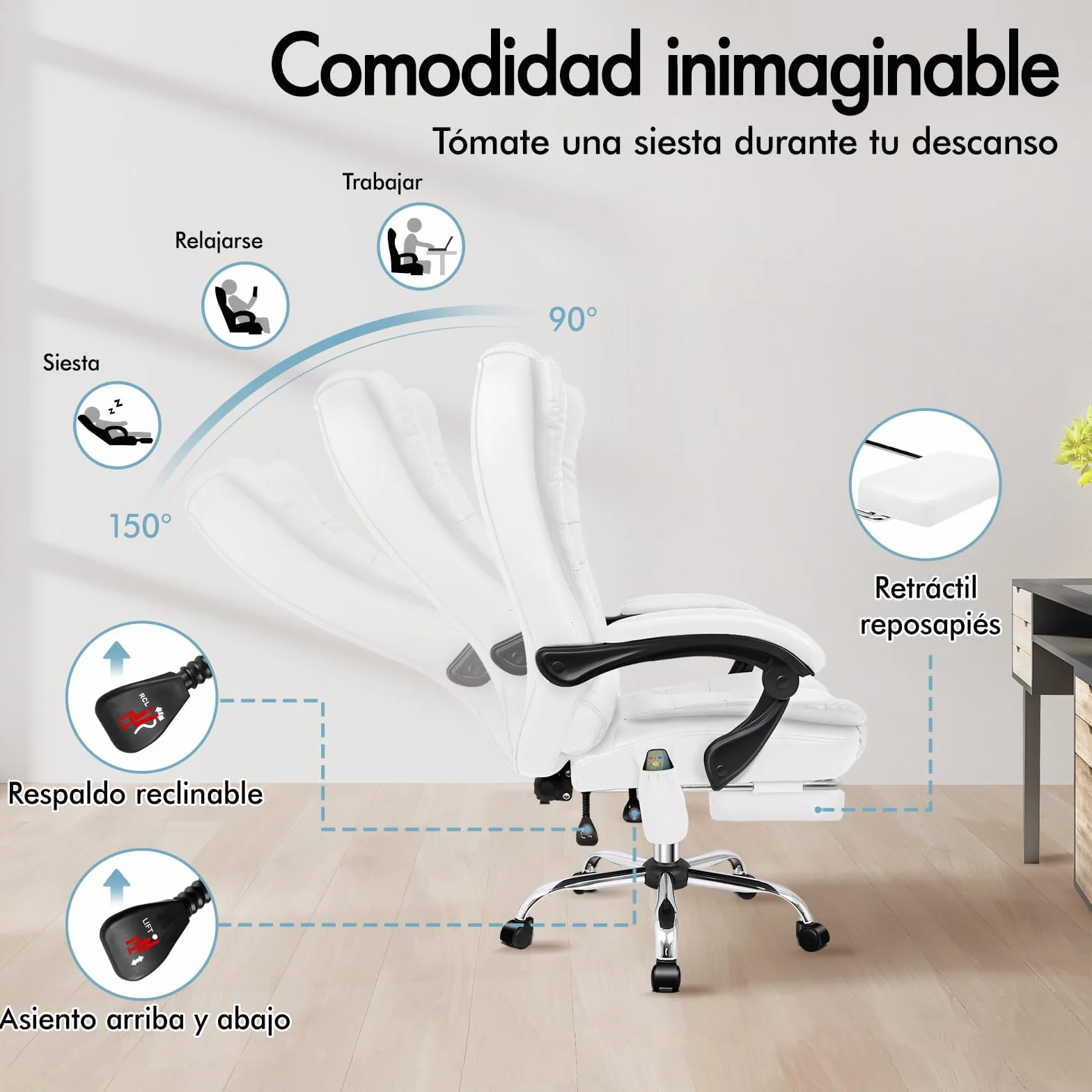 ALFORDSON Silla Oficina Ejecutiva con Masaje, Silla Ergonómica Escritorio con Función de Asiento Calefactable, Reposapiés Retráctil, Reclinable 150°, Cadeira de Ordenador Giratoria, Cuero PU(Blanca)