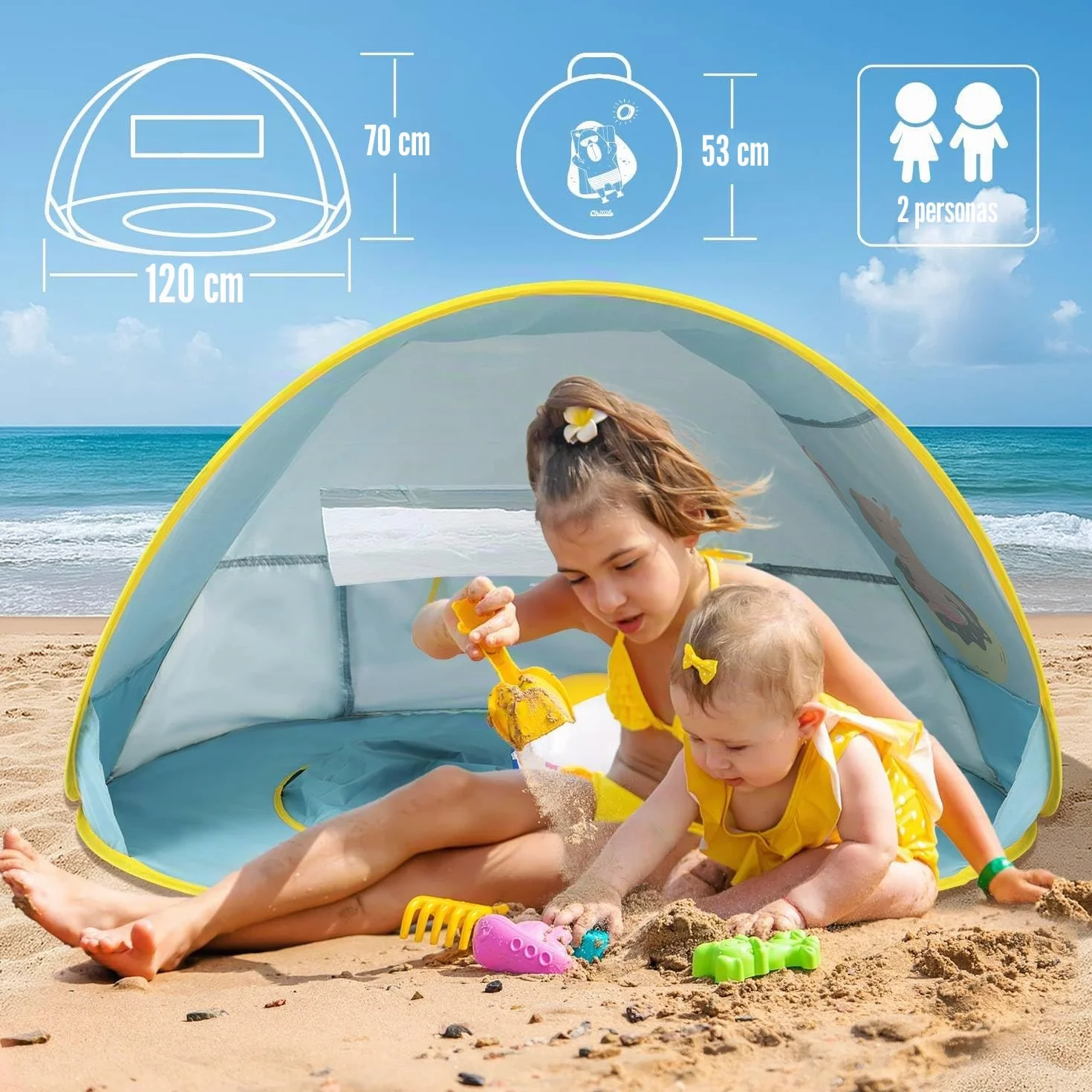 Chillife Tienda de Playa Pop Up para Bebés con Protección UV 50+ y Cortavientos, Diseño Globo Capybara