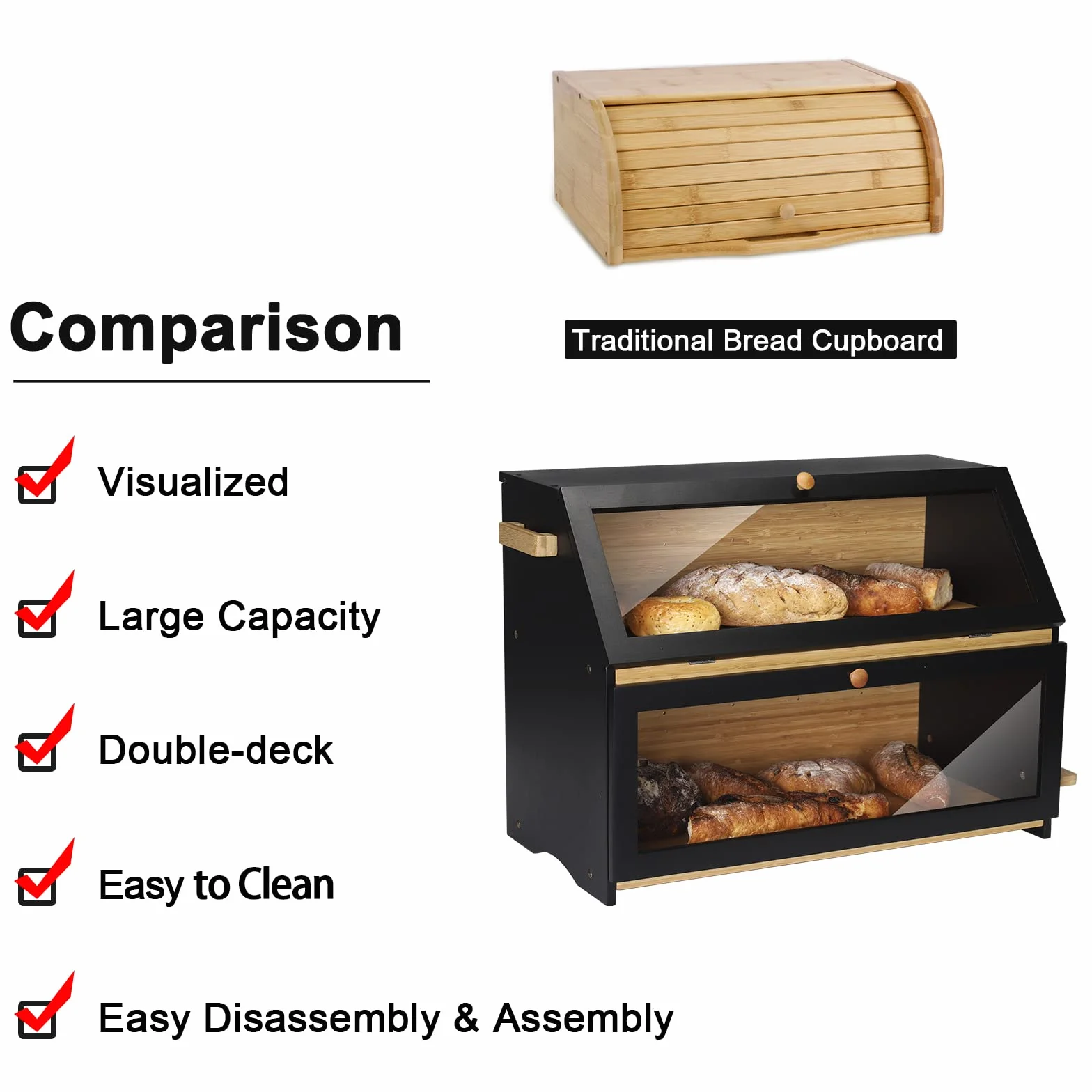 Leader Accessories Caja de Pan de Bambú de 2 Niveles, Recipiente de Pan con Tapa Frontal de Solapa, Botellas de Verduras y Especias del Gabinete de Pan, etc., 50 * 37 * 25 cm, Negro