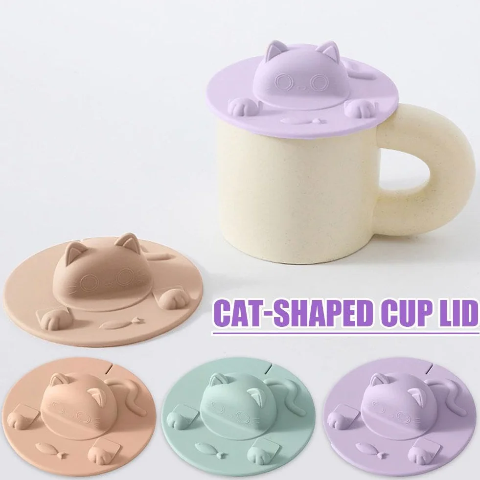 2 tapas para tazas de té, 2 tapas de silicona con diseño de gato, 4 en silicona, soporte para bolsas de té y exprimidor con soporte para taza de té, tapa para lavavajillas, para té de leche de café