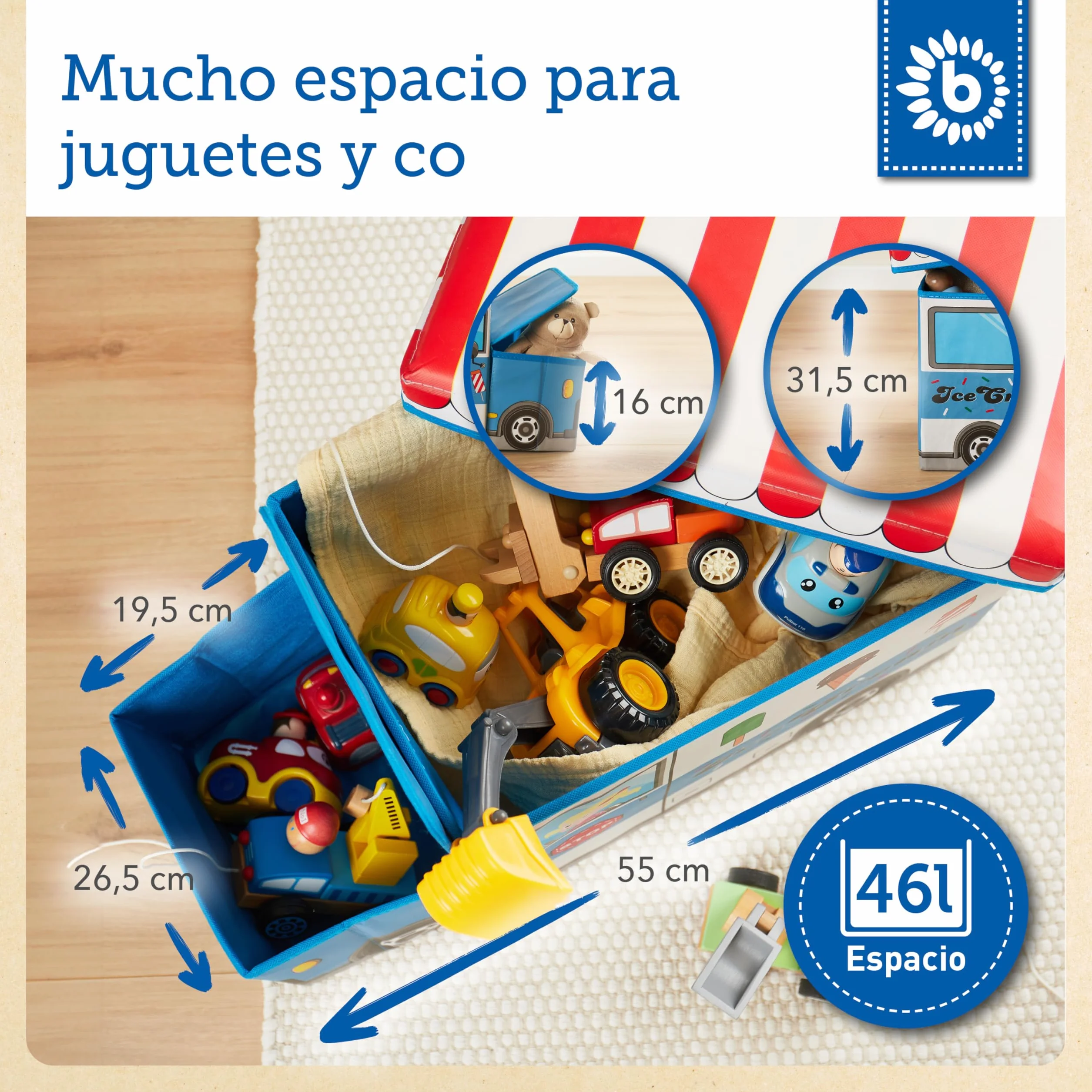 Bieco Baúl Juguetes Infantil Plegable Icecream Taburete Asiento Acolchado 80 Kg 46 L