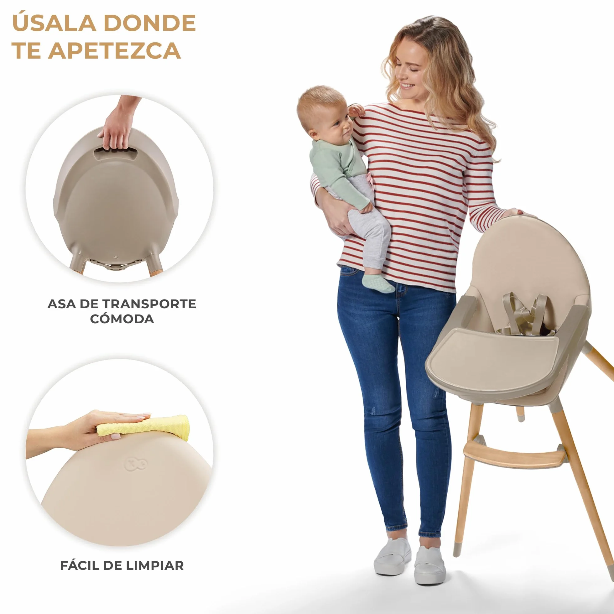 Kinderkraft FINI 2 Trona bebé 2 en 1 Silla Infantil Portátil Patas de Madera Bandeja Ajustable Beige