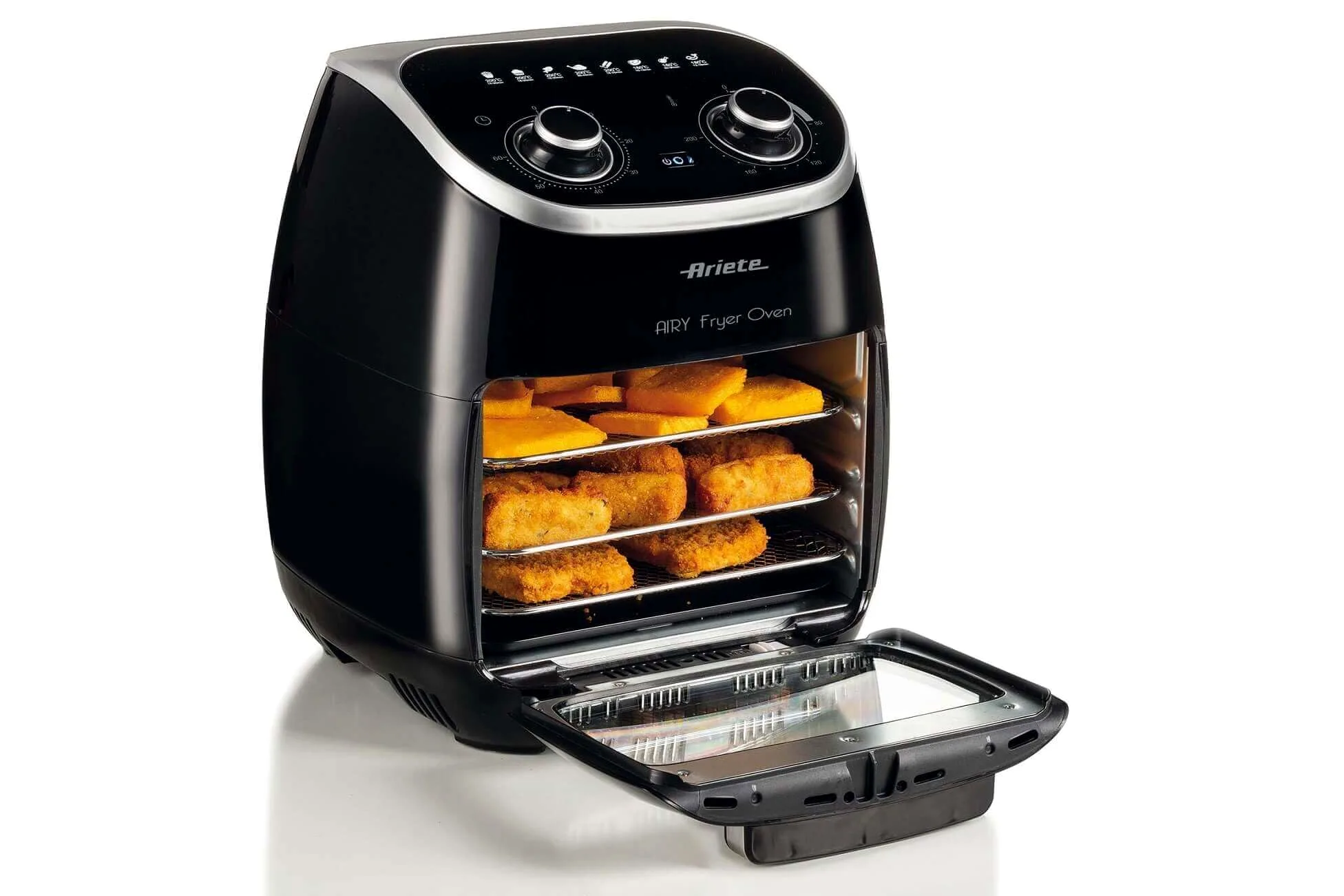 Ariete 4619, Freidora de aire y horno en uno, 11 L, multifunción, temporizador 60 minutos, puerta transparente extraíble, temperatura 80, 200º C, 2000 W, negro