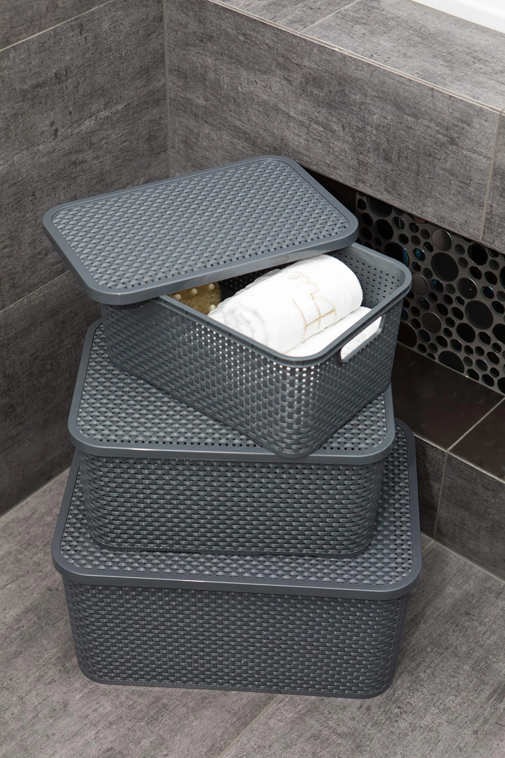 BranQ - Home Essential Cesta universal multifuncional en diseño de ratán, tamaño S 7 L, sin bisfenol A, plástico polipropileno, antracita, 28,5 x 19,5 x 12,9 cm