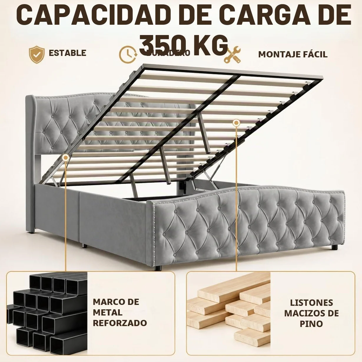 BRILVERDE Cama Tapizada 140x200 con Almacenaje, Cama matrimonial, Cabecero Acolchado y Base de Láminas, Terciopelo (Gris, 140 x 200 cm)