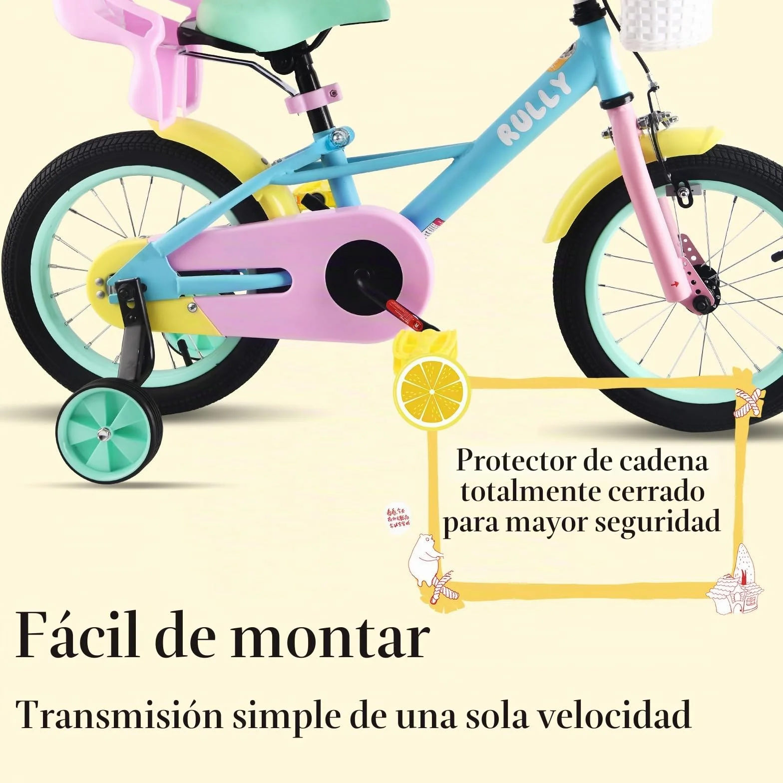 RULLY Bicicleta para Niñas de 12 a 16 Pulgadas con Ruedas de Apoyo y Freno Contrapedal