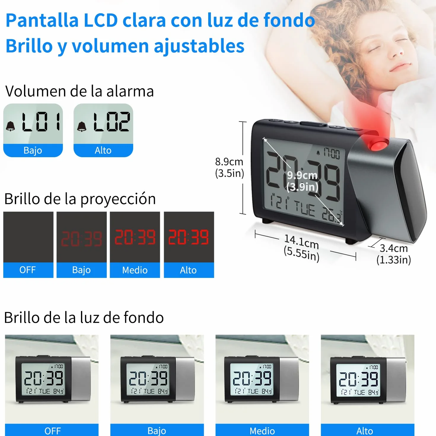 Reloj despertador de proyección digital: Pantalla LCD clara con temperatura fecha 12/24H y modo fin de semana, brillo y volumen ajustables, Reloj a pilas para niños ancianos dormitorio (Rojo)