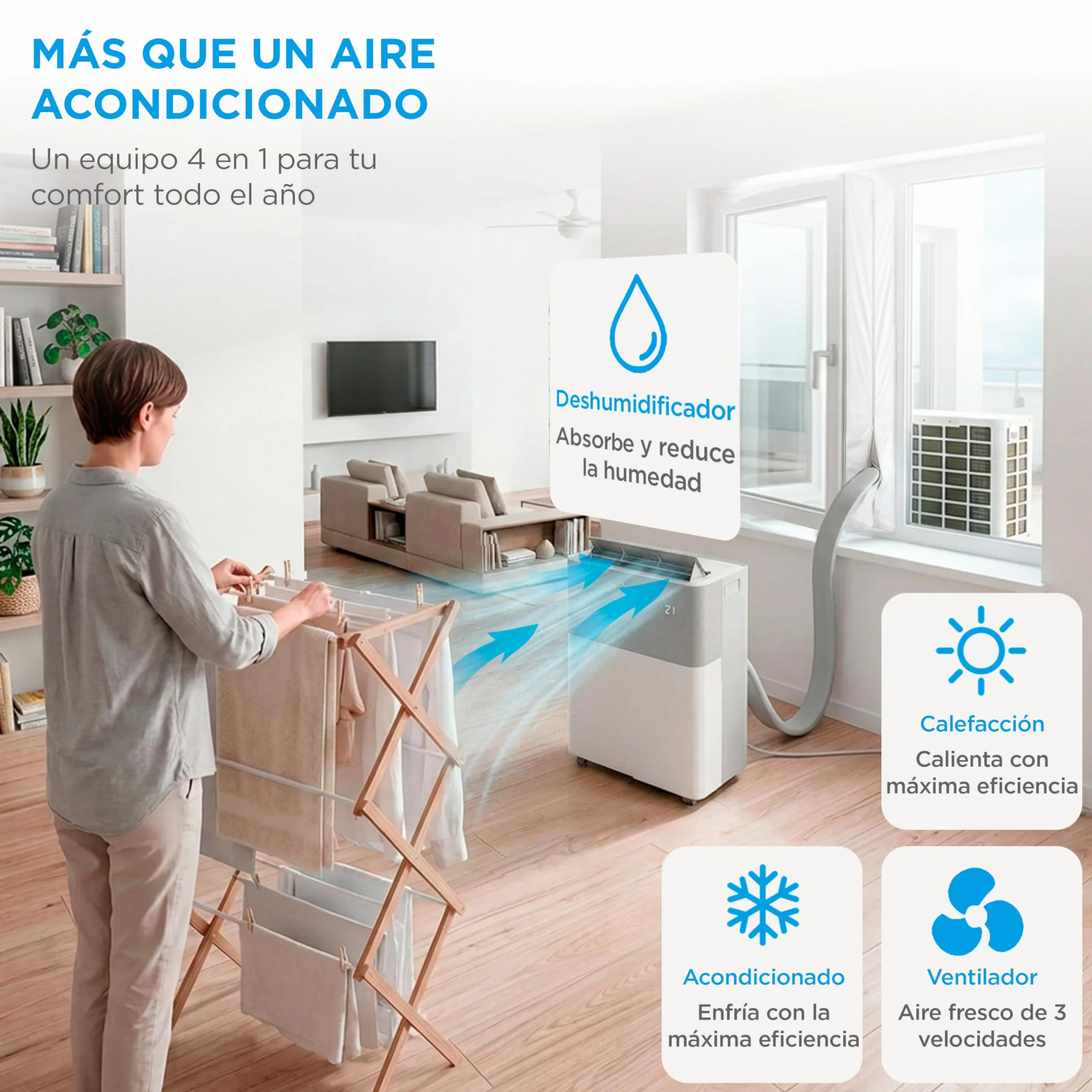 Midea Portasplit Aire Acondicionado Portatil 4 en 1 | 3000 frigorías / 12000 BTU | Split sin Obra de Bajo Consumo con modo Silence, App/Wifi, Deshumidificador, Calefacción y Ventilador hasta 45 m2