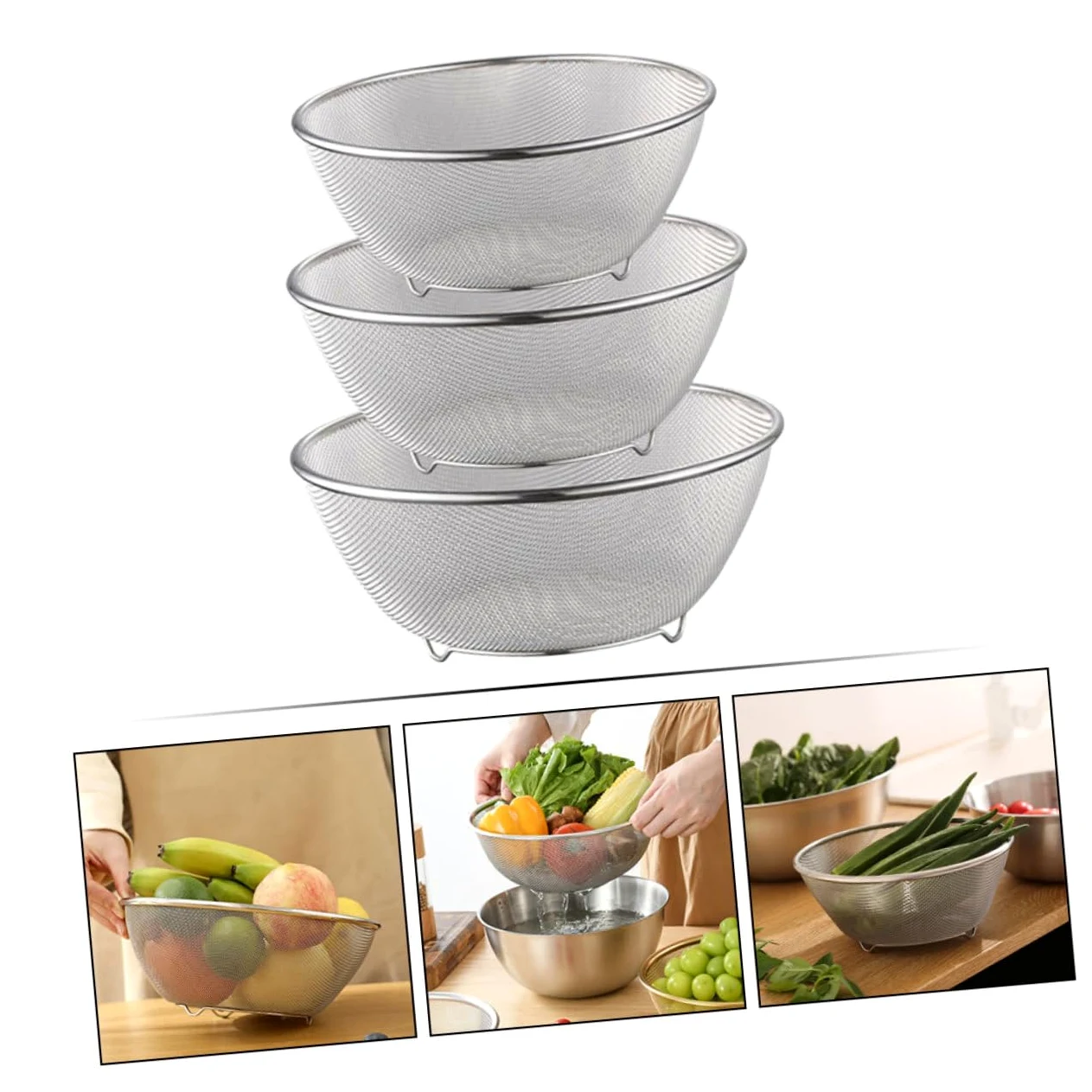 1juego Coladores De Inoxidable Malla Fina Para Verduras y Arroz Escurridor De Cocina Resistente y Práctico Para Uso Diario