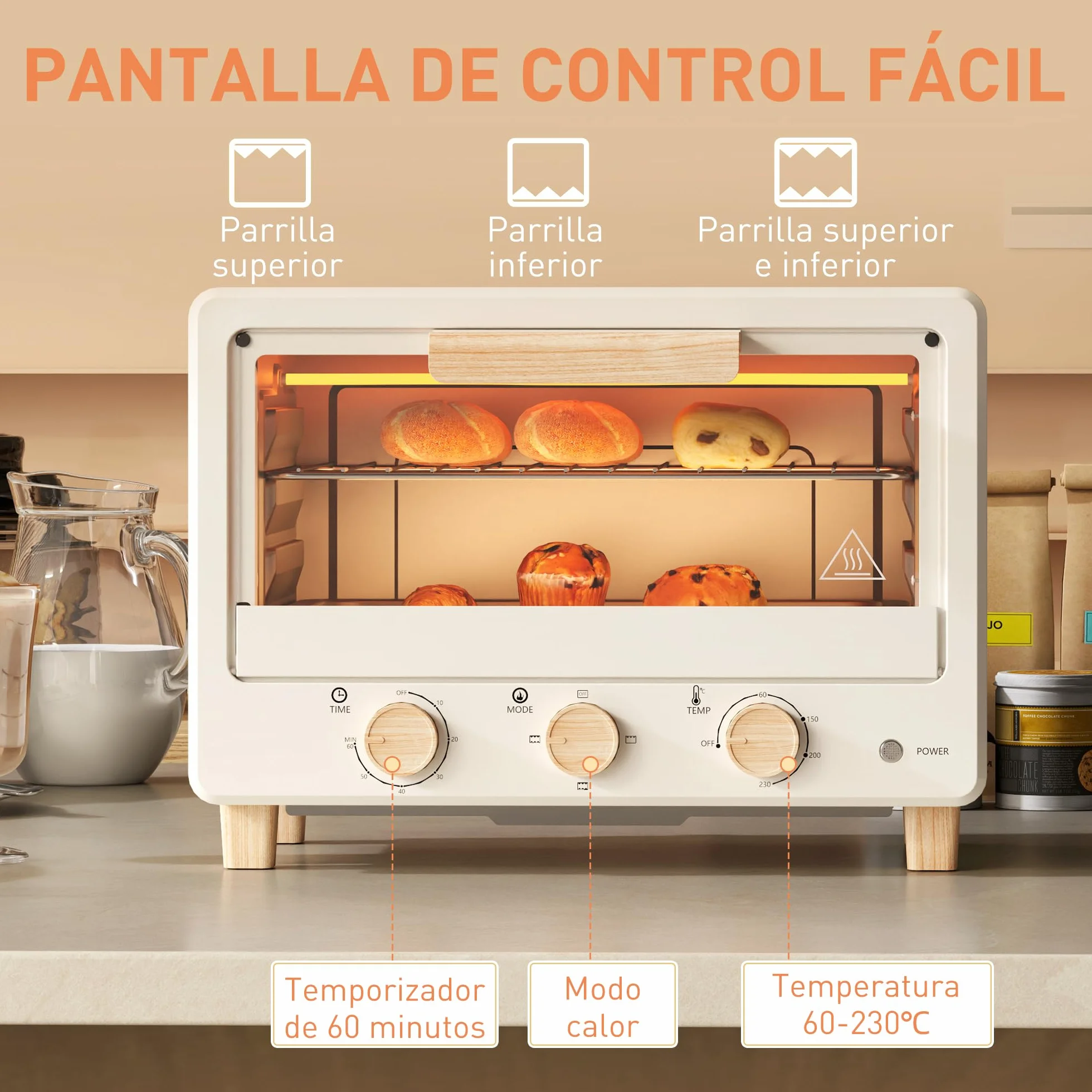 HOMCOM Horno Eléctrico de Sobremesa 16L 1400W con Puerta de Vidrio Temporizador y Temperatura Ajustables hasta 230℃ Crema