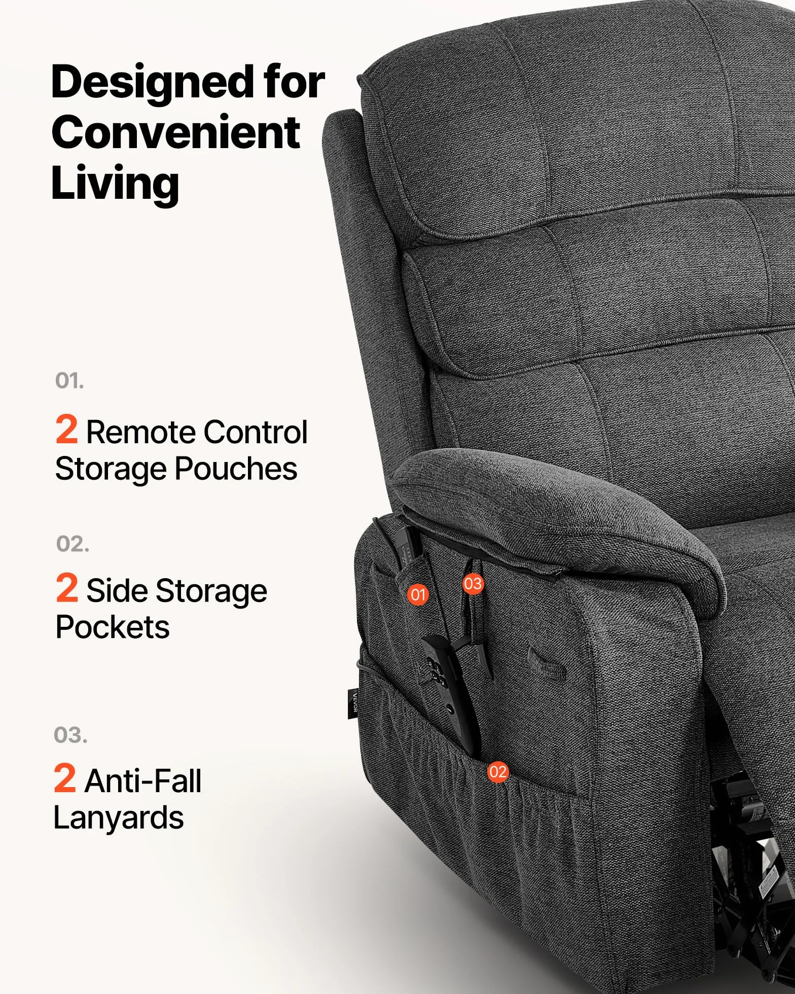 VEVOR Sillón Relax Reclinable Eléctrico, Sillón Reclinable Levantapersonas, con Reposapiés Calefacción Masaje Mando a Distancia Bolsillos Laterales, Tela Chenilla, para Salón Dormitorio, Gris Oscuro