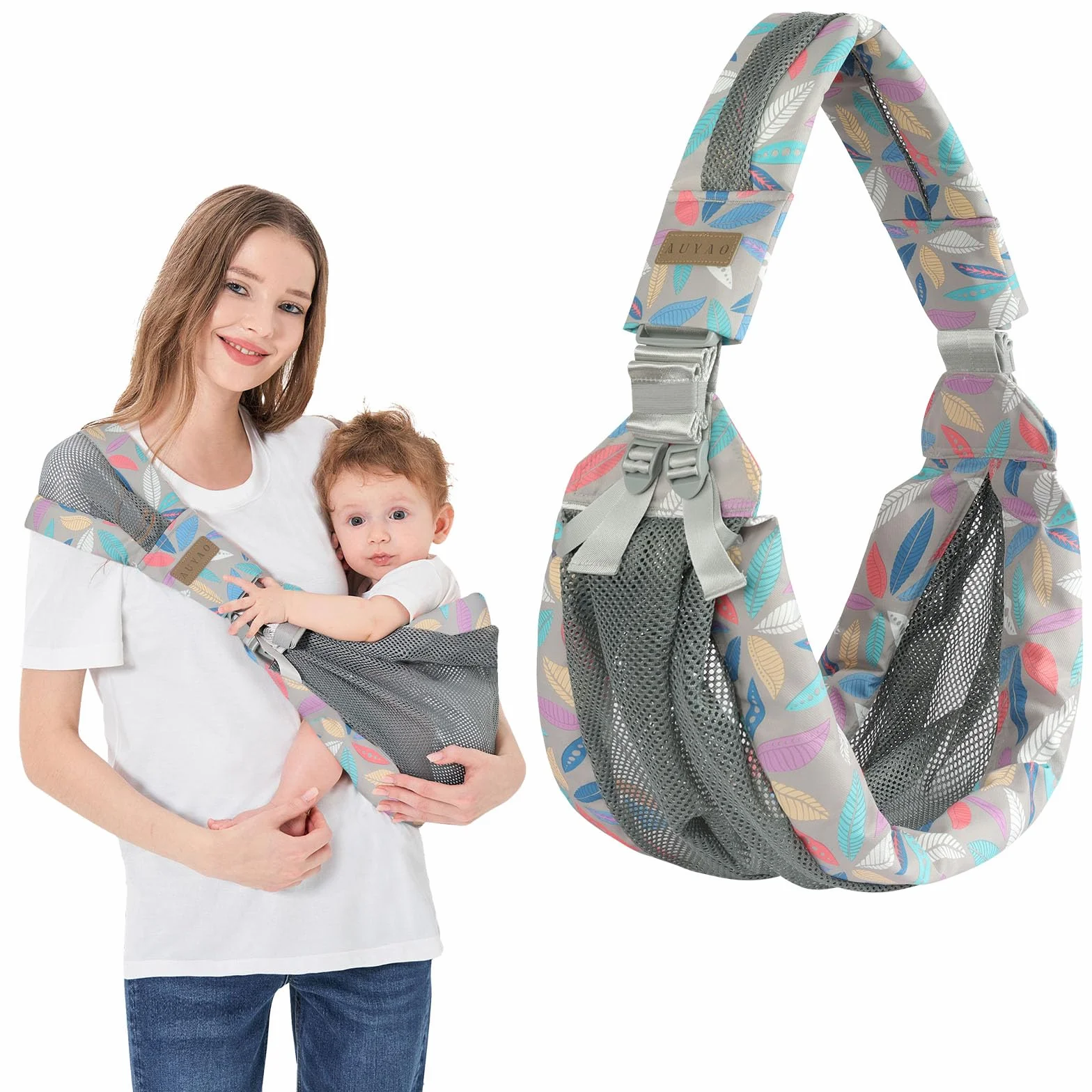 AUYAO Portabebes Lateral, Malla Transpirable Portabebes Ajustable, Portabebé Ligero de Cadera de 3 a 36 Meses, Porteo Bebe Ergonomica, Protector Hombro, Antideslizante