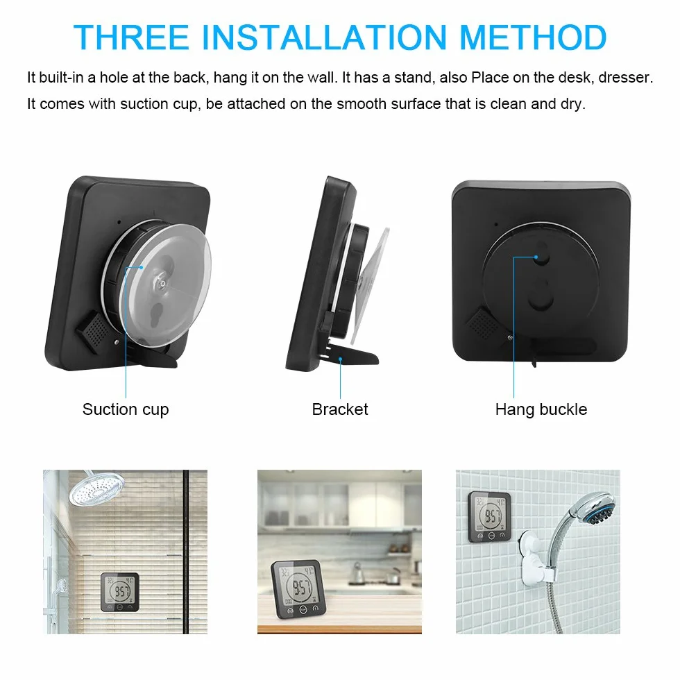 ALLOMN Reloj de Baño, LCD Reloj de Ducha Digital Alarma Impermeable Control Táctil Hum / ℉ Temperatura Humedad, Temporizador de Cuenta Regresiva, 3 Métodos de Montaje, Energía de la Batería (Negro)