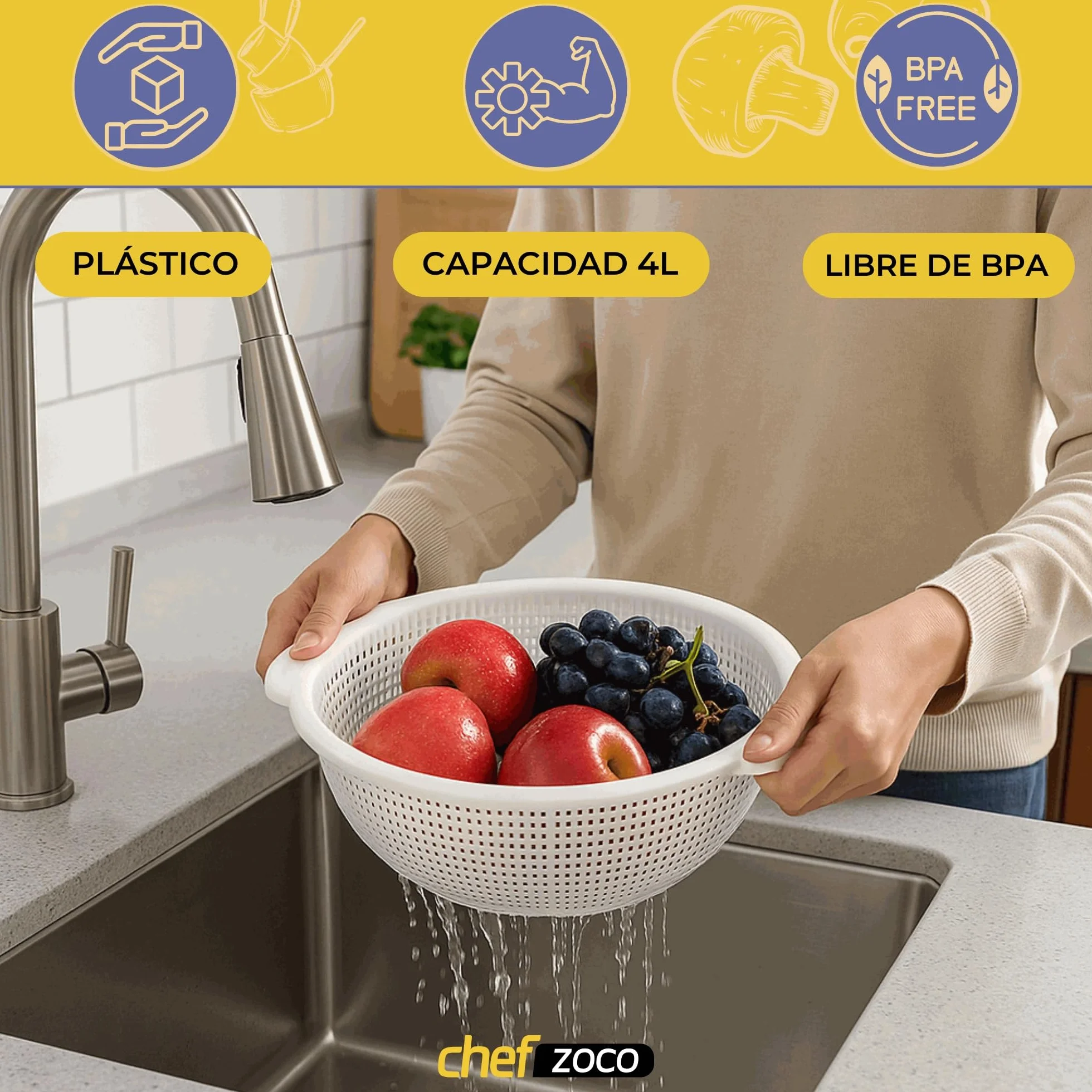 CHEFZOCO Escurridor de plástico, Colador de cocina, Colador multiusos, escurridor pasta, escurridor para frutas y verduras, Diámetro superior 23 cm, Libre de BPA, Capacidad 4 Litros, Plástico, Blanco