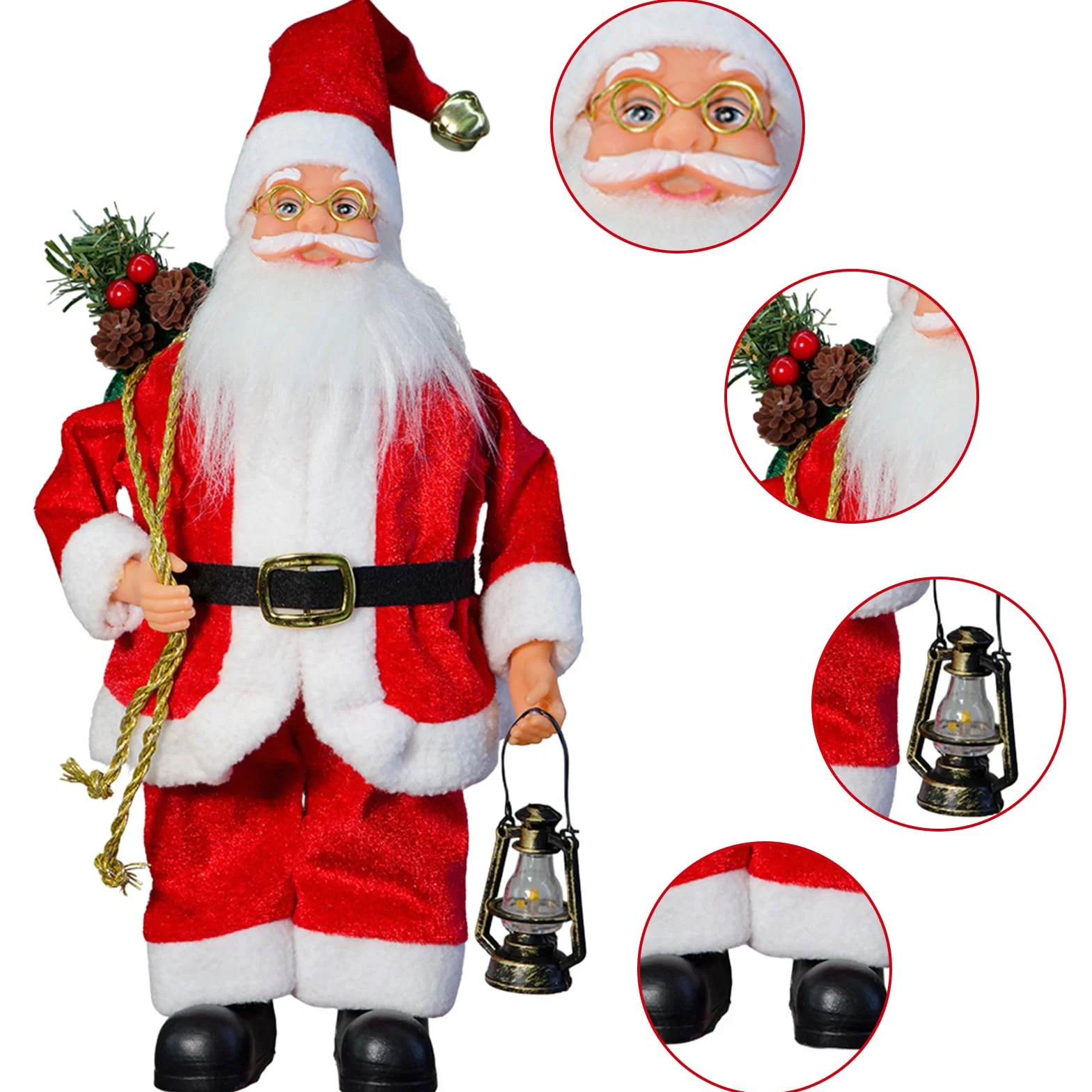 Figura de Papá Noel de pie de 39 cm Tradicional Rojo decoración de Navidad Ornamento muñeca Figura de Santa Claus Larga Barba con Bolsa de Rega para Ventana Mesa Chimenea Regalo de Decoración