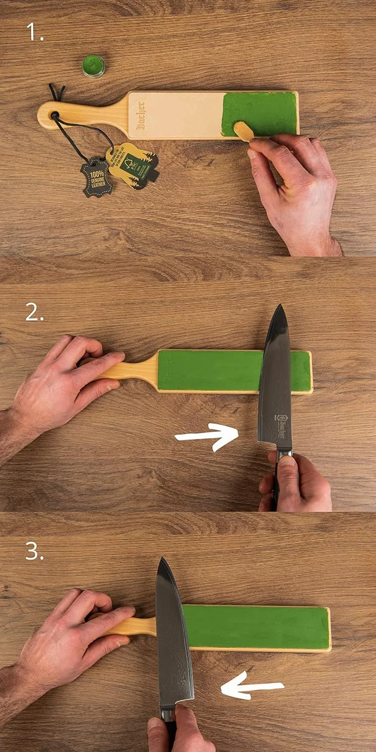 BACHER Premium Asentador de Cuero Strop para Cuchillos Paleta de madera dura cubierta concuero de curtido vegetal de 1/8"de grosor. Incluye un kit de 4 compuestos de afilado.