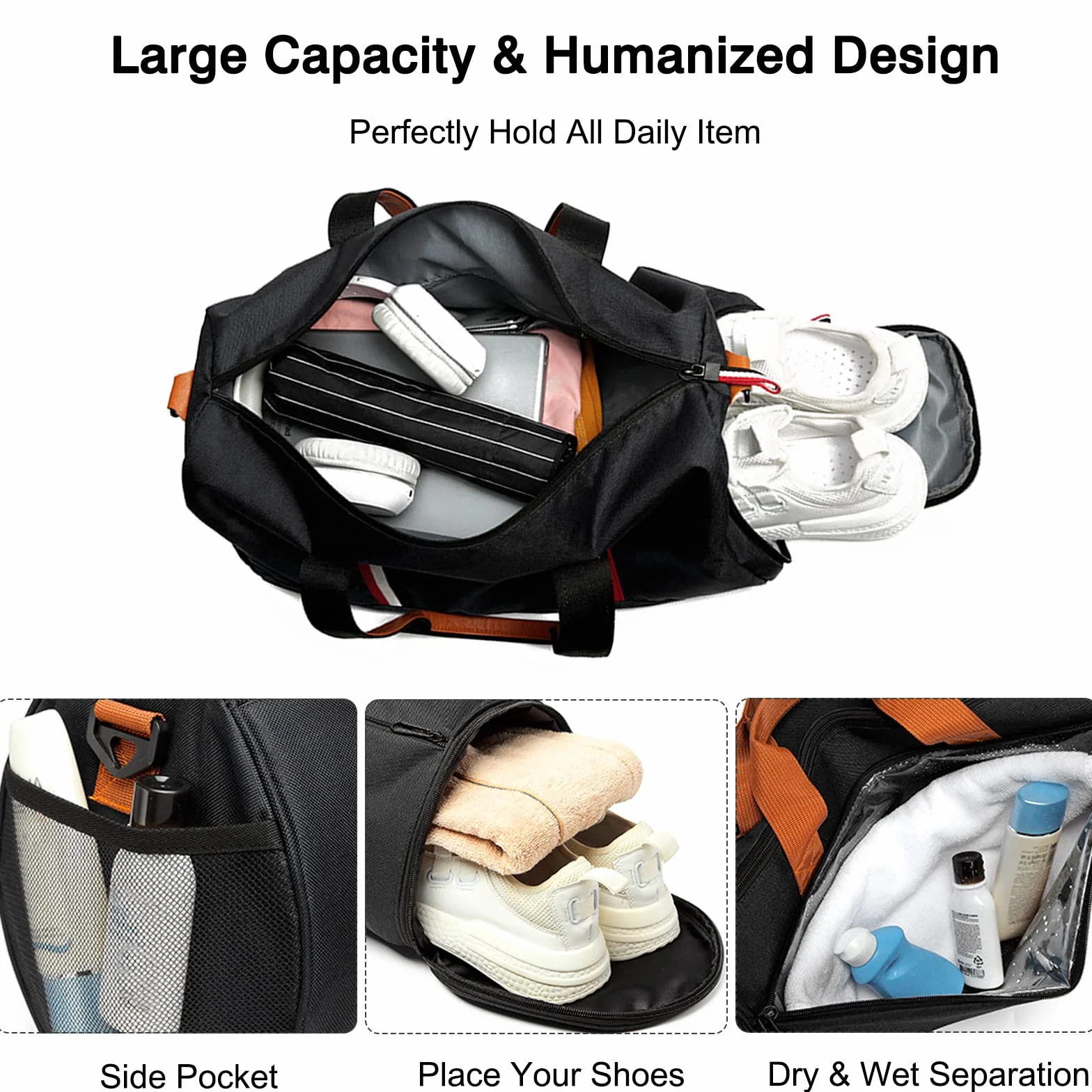 FANDARE Bolsa de Viaje para Mujer Hombre Bolsas de Deporte Gimnasio Tote con Bolsillo Húmedo Compartimento Zapato Negro