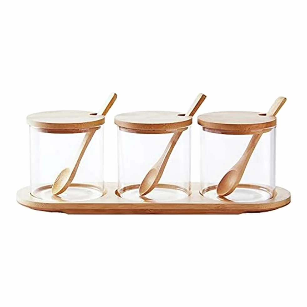 Contenedor de Condimentos de Bambú con Tapa y Cuchara. Juego de Caja para Condimentos, Utilizado para Almacenar Condimentos, Sal y Azúcar.