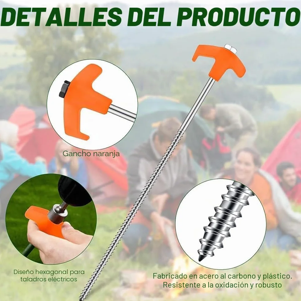 Piquetas para Tienda de Campaña Atornillables 24 Piezas, Estacas para Suelo Duro con Taladro